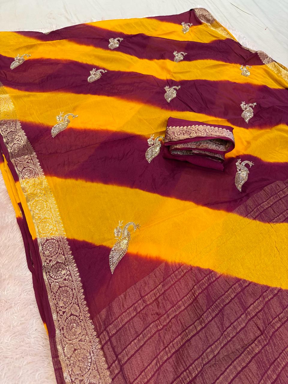Designer Semi Chinon Lahariya Saree With Handwork