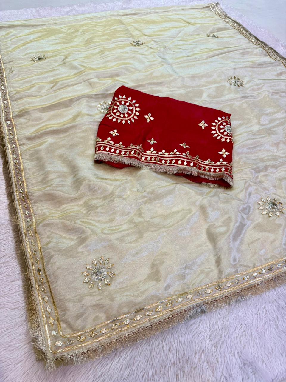 Traditional Pure Cosmos Febric Saree With Beautiful Gottapatti Work