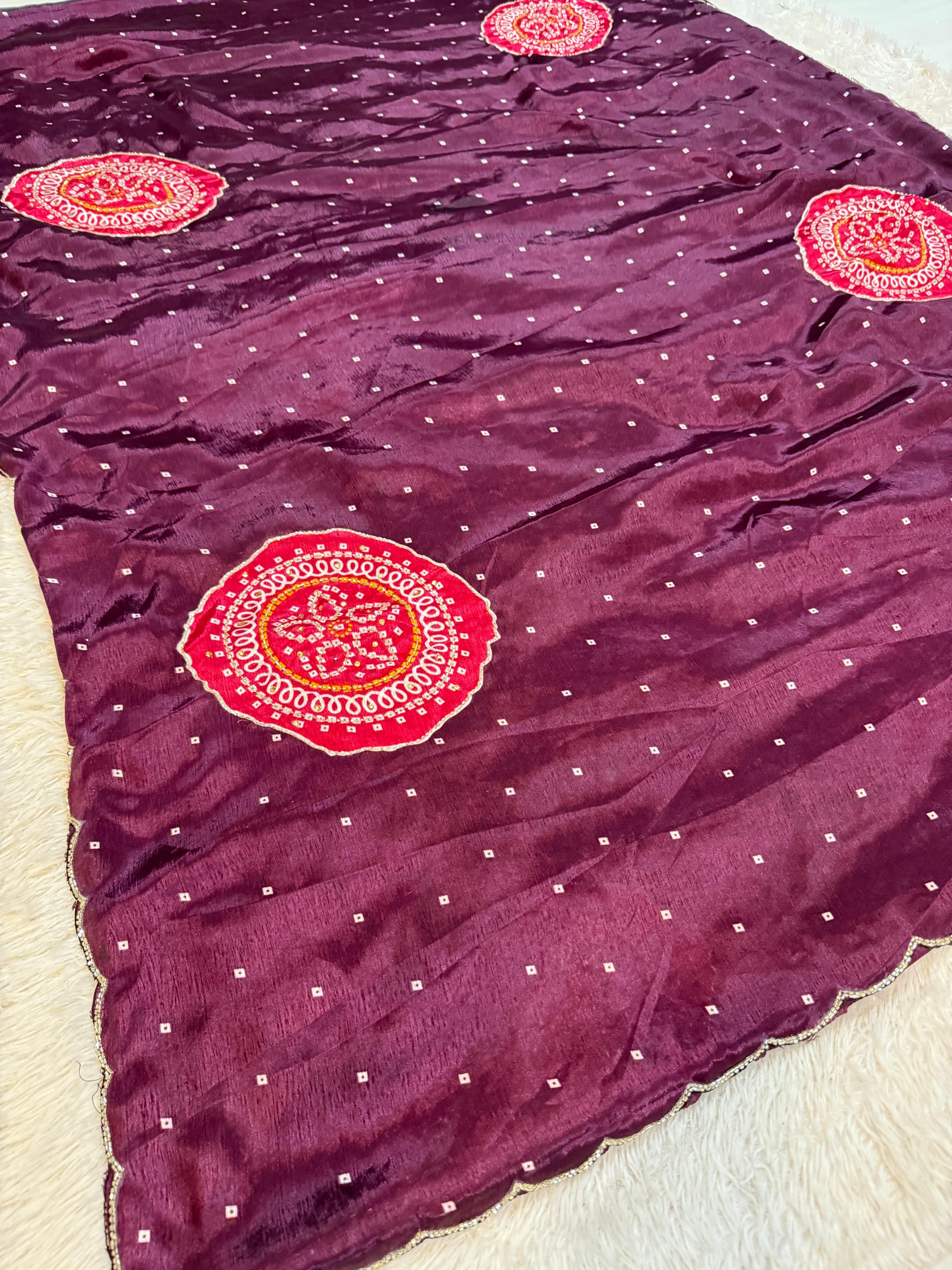 Latest Semi Chinon Bandhani  Saree With Handwork