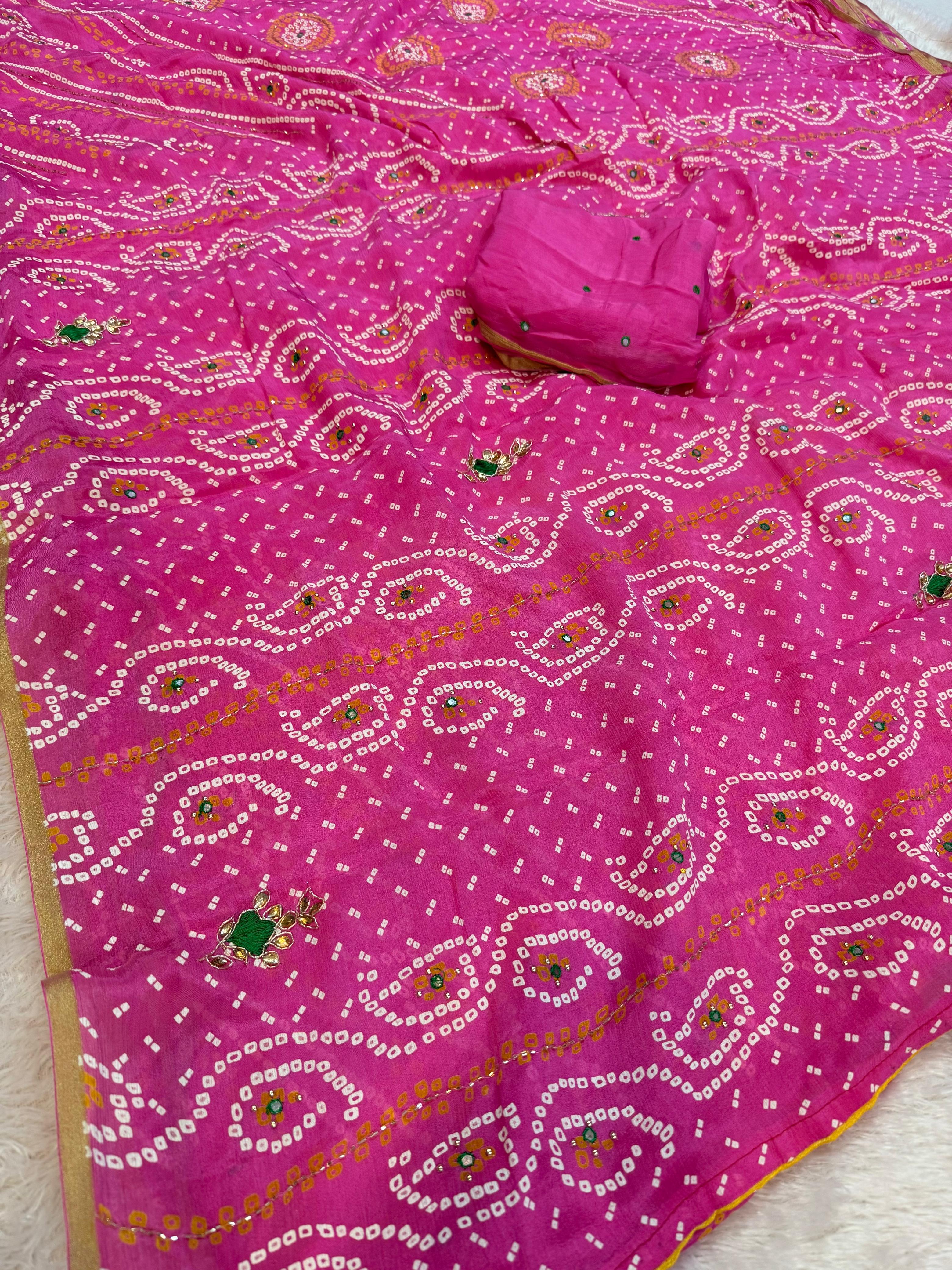 Traditional Chinon Bandhani Saree With Handwork