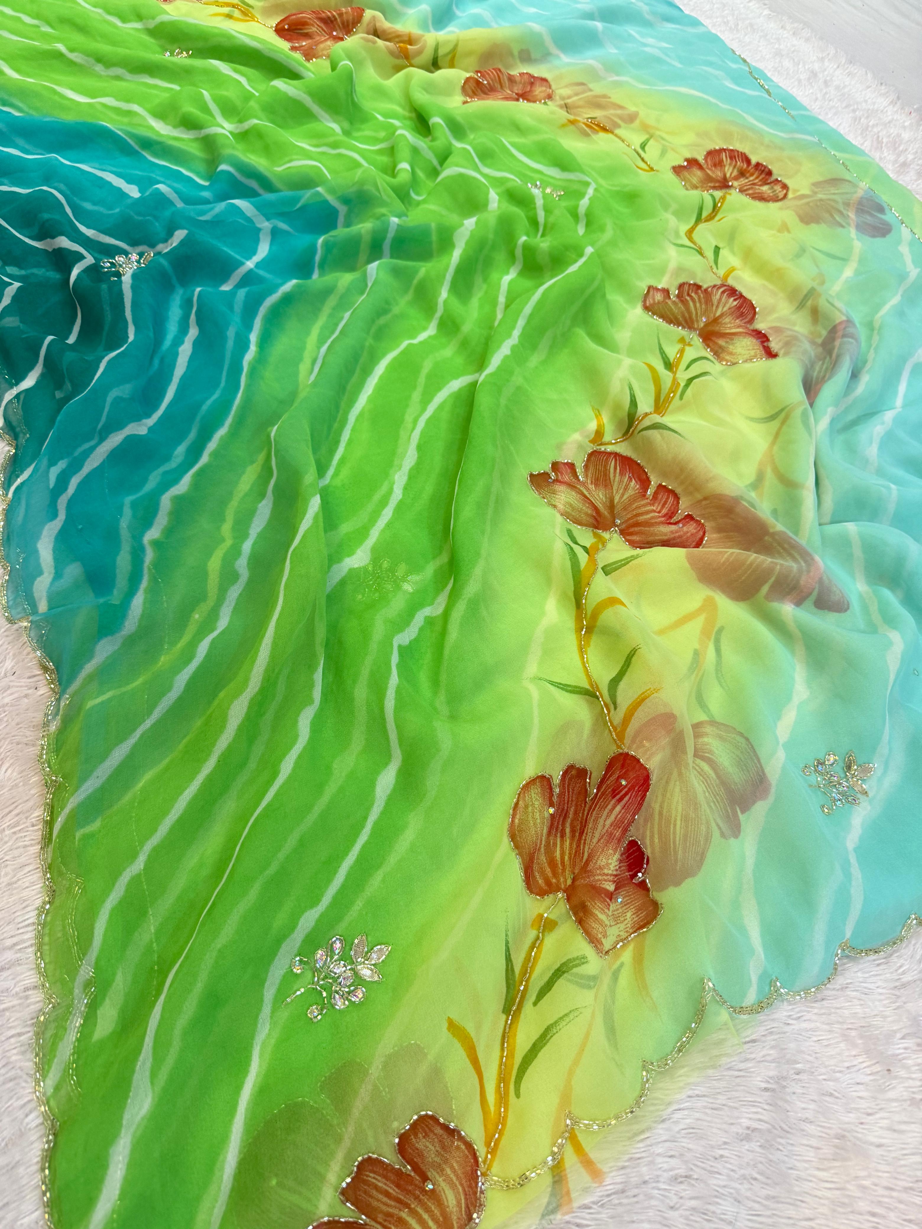 Designer Lehriya Saree with Floral Handwork Design