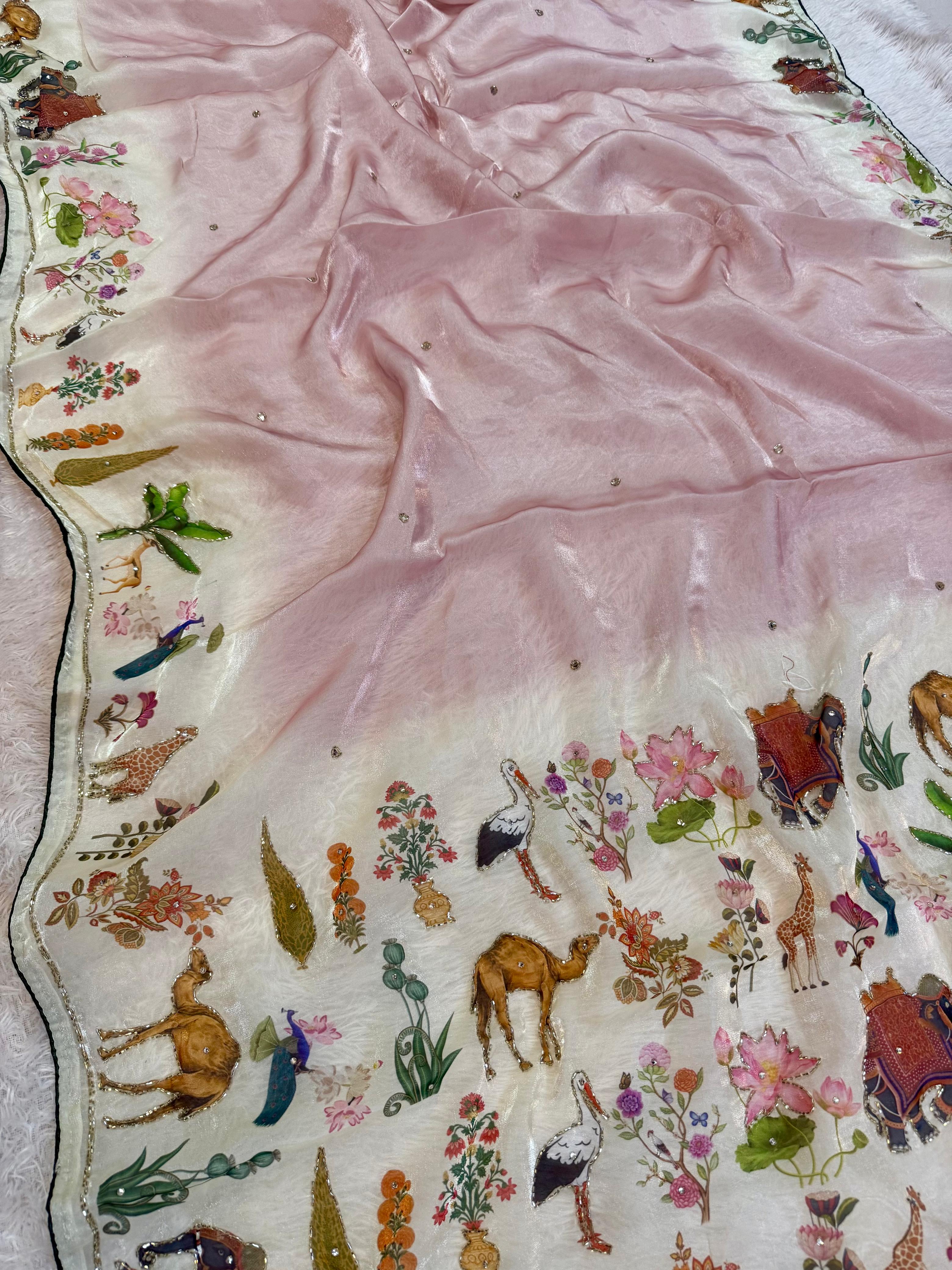 Premium Glass Tissue Saree With Handwork