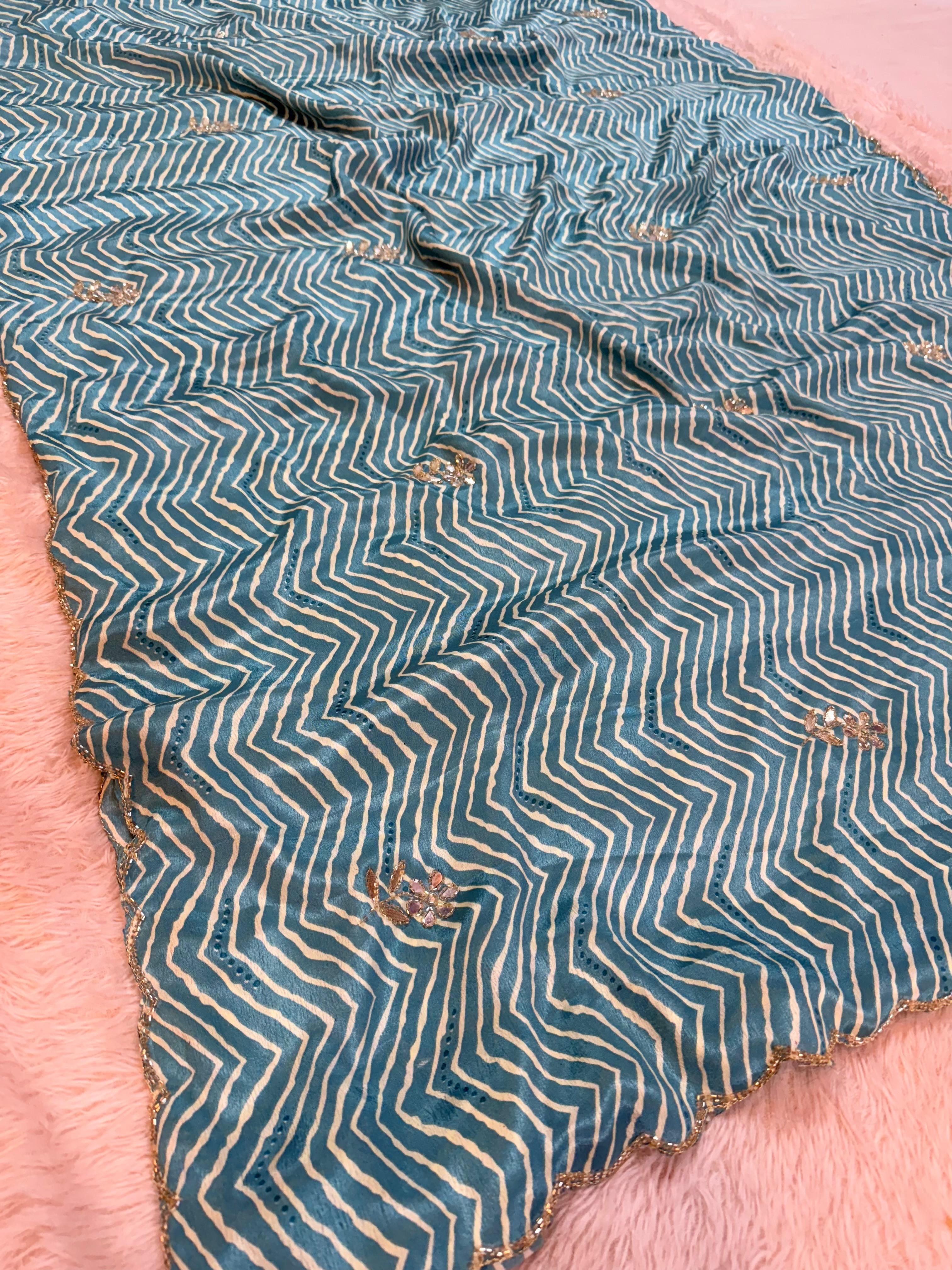 Beautiful Semi Chinon  Lahriya Saree With Handwork