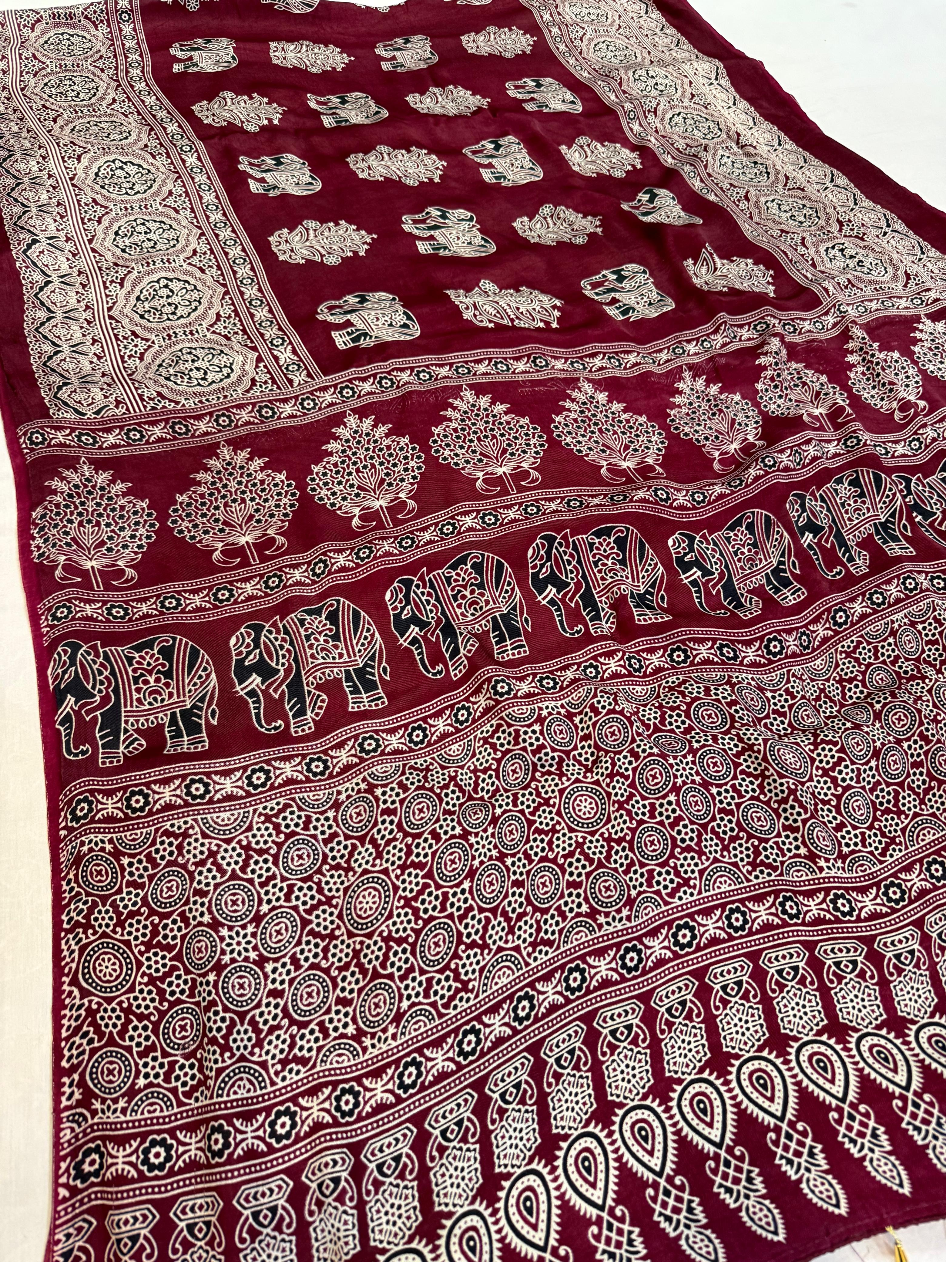 Modal Silk Saree With Jaipuri Print X Ajrakh Print