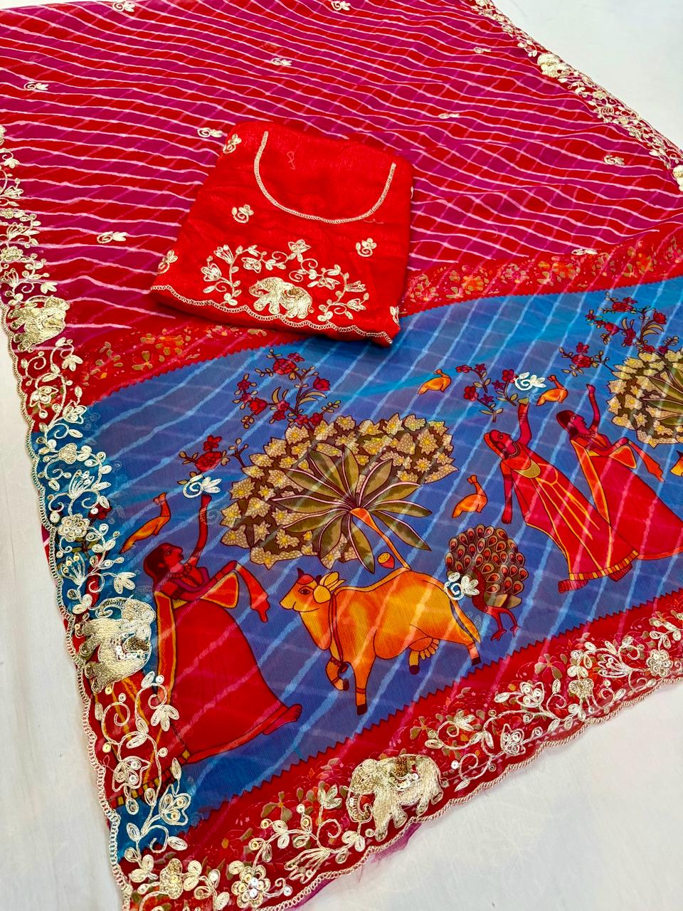 Beautiful Semi Chiffon Lahriya  Saree With Pittan Work