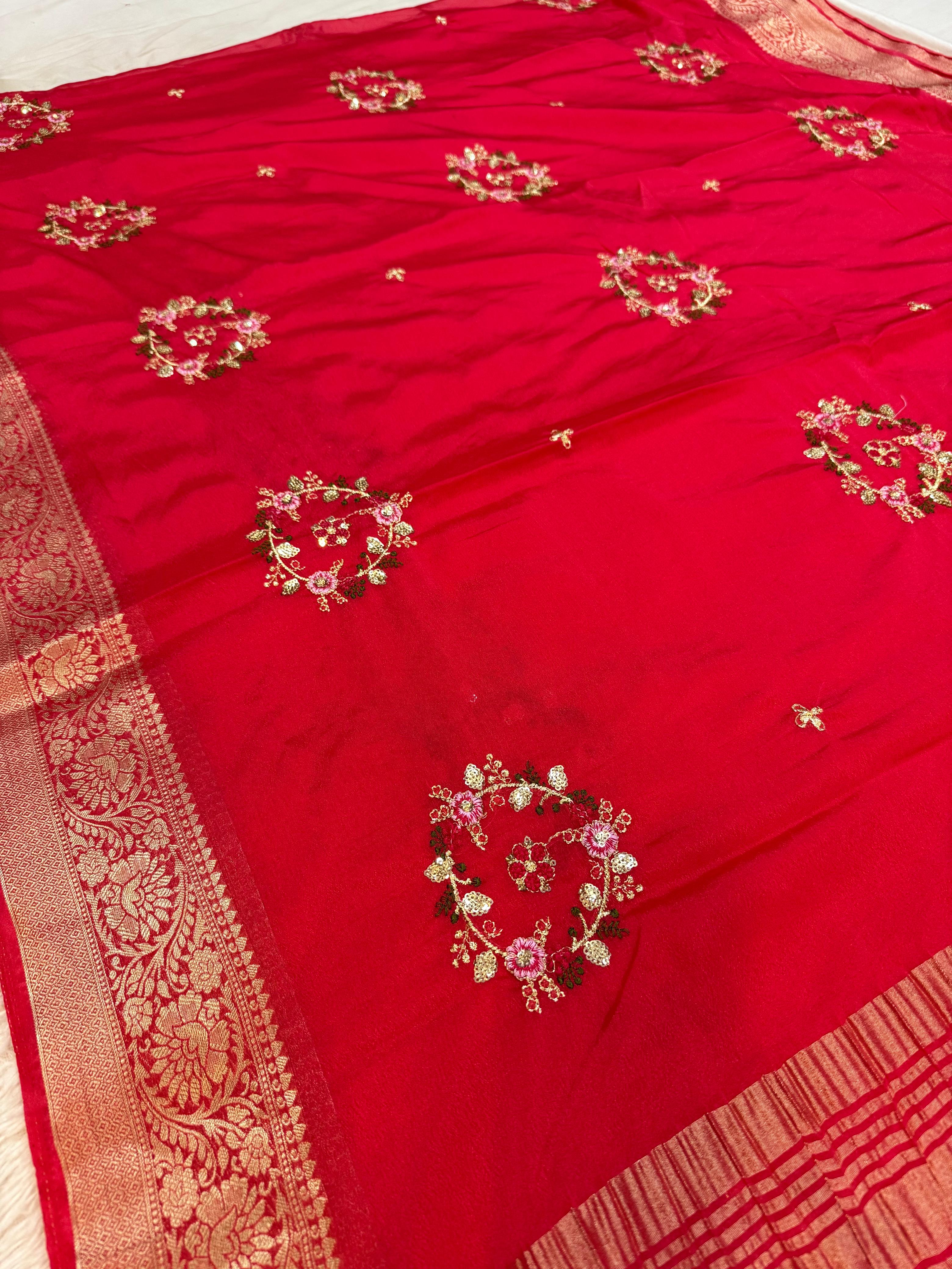 Beautiful D Chinon Saree With Handwork