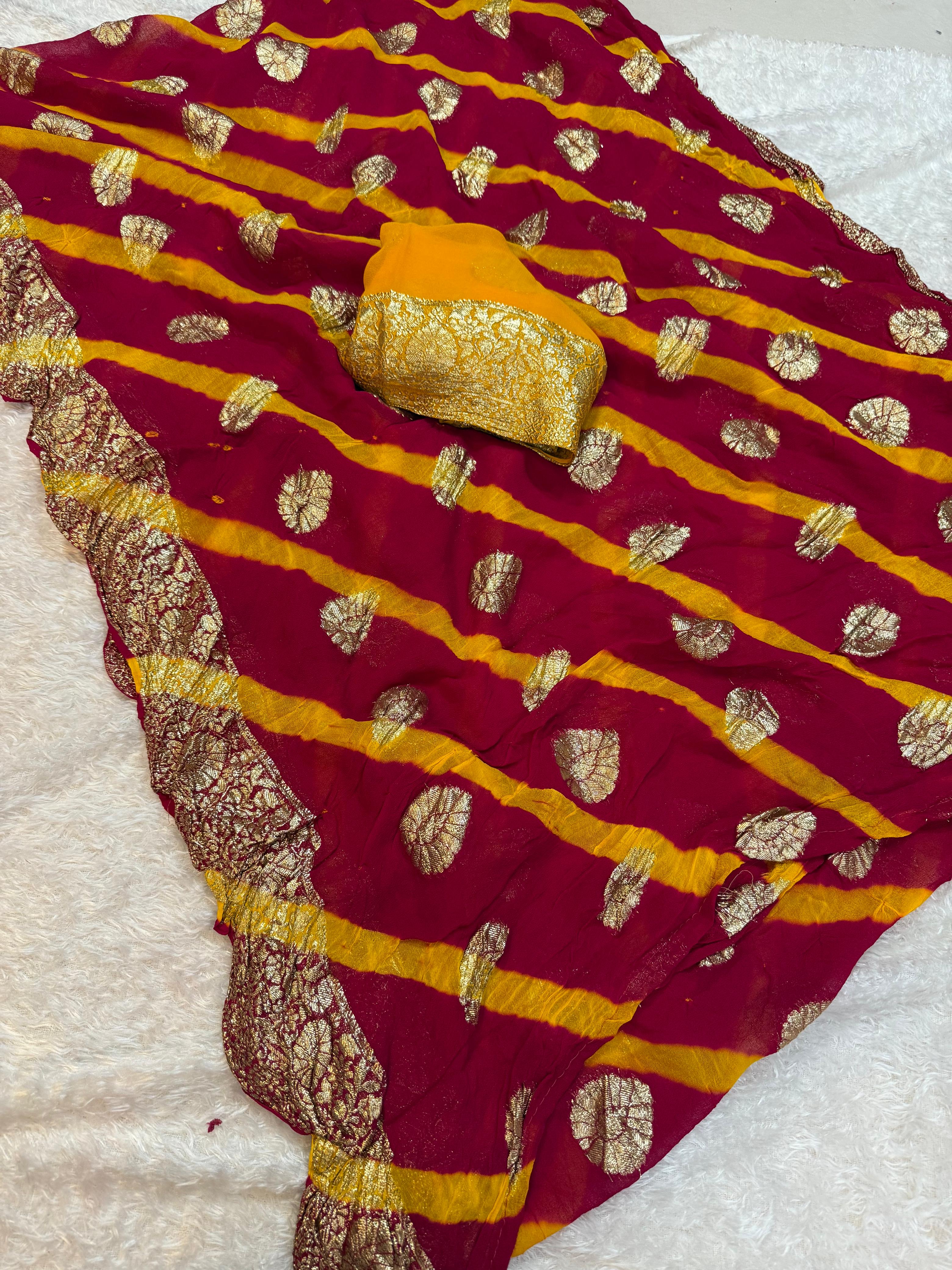 Pure Viscos Georgatte Hand Dye Hand Lahriya Saree With MX Jarri