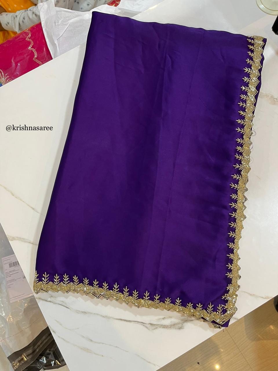 Beautiful Satin Silk Saree With Handwork