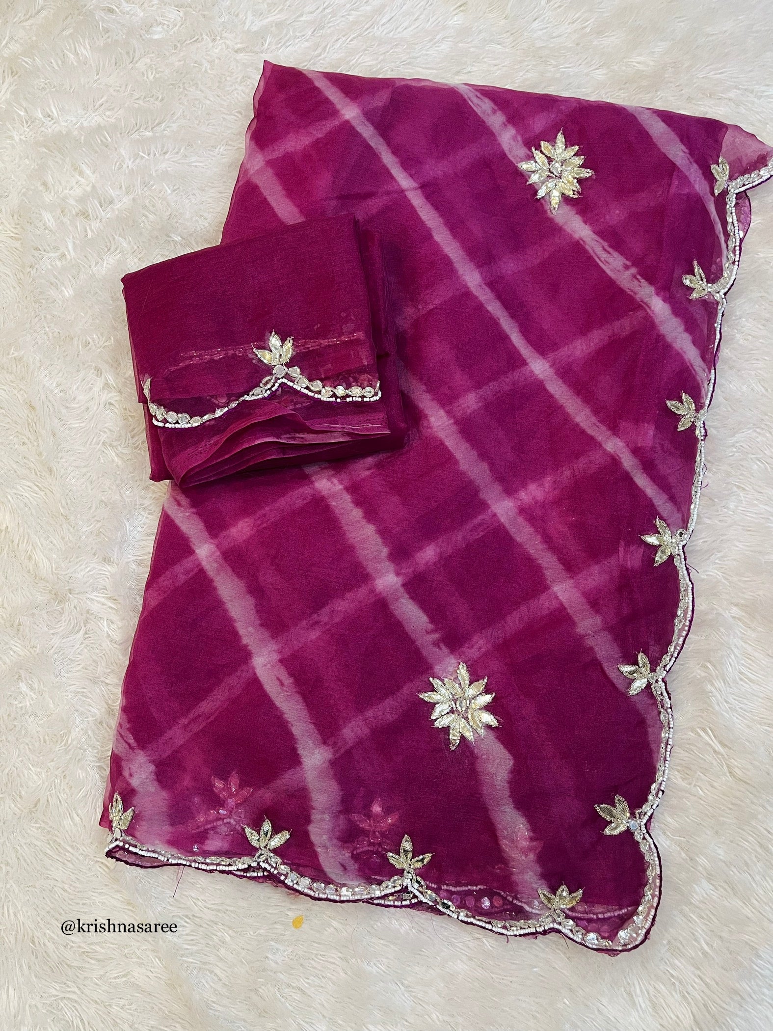 Beautiful Organza Lahriya Saree With Handwork