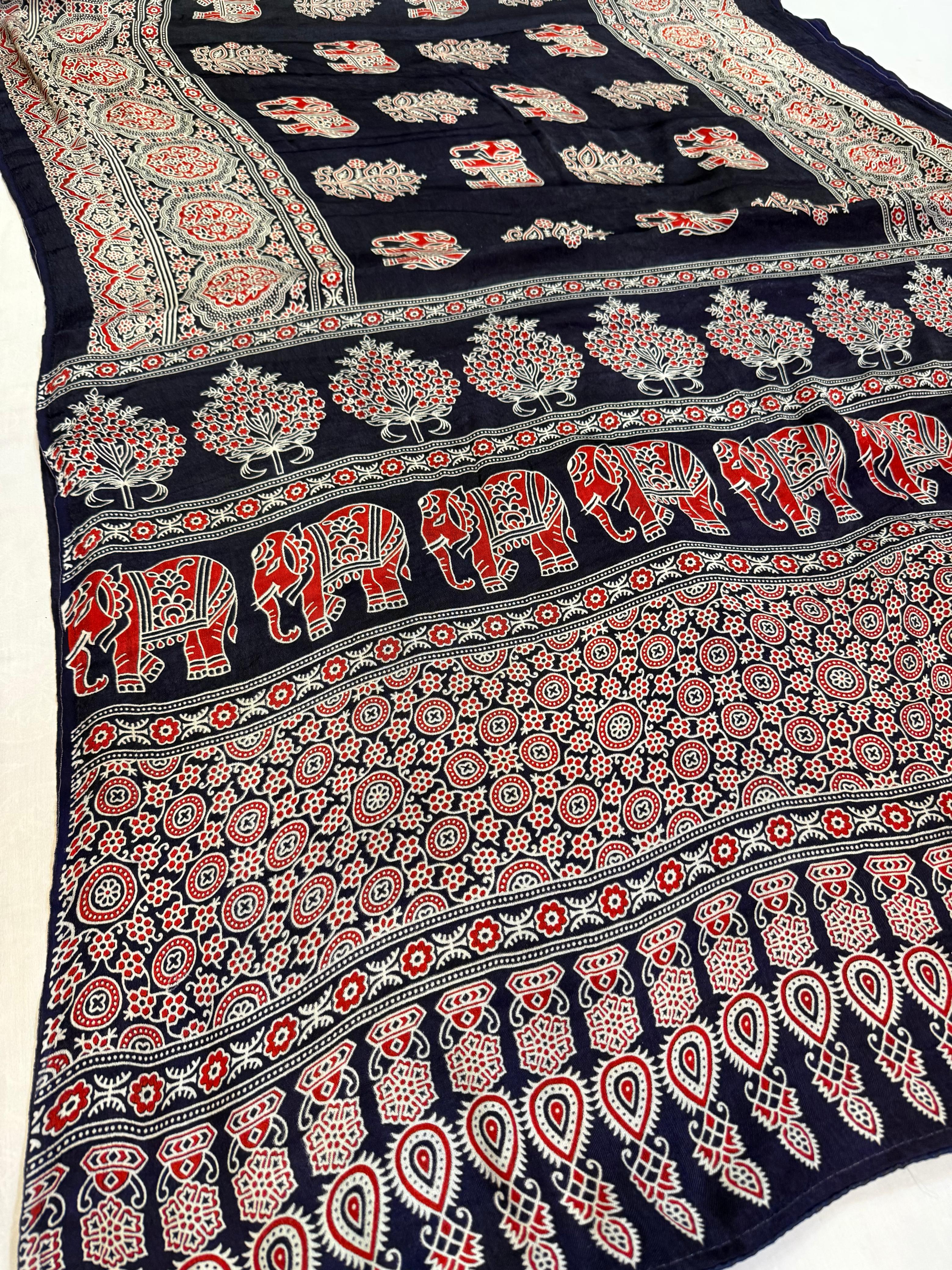 Modal Silk Saree With Jaipuri Print X Ajrakh Print