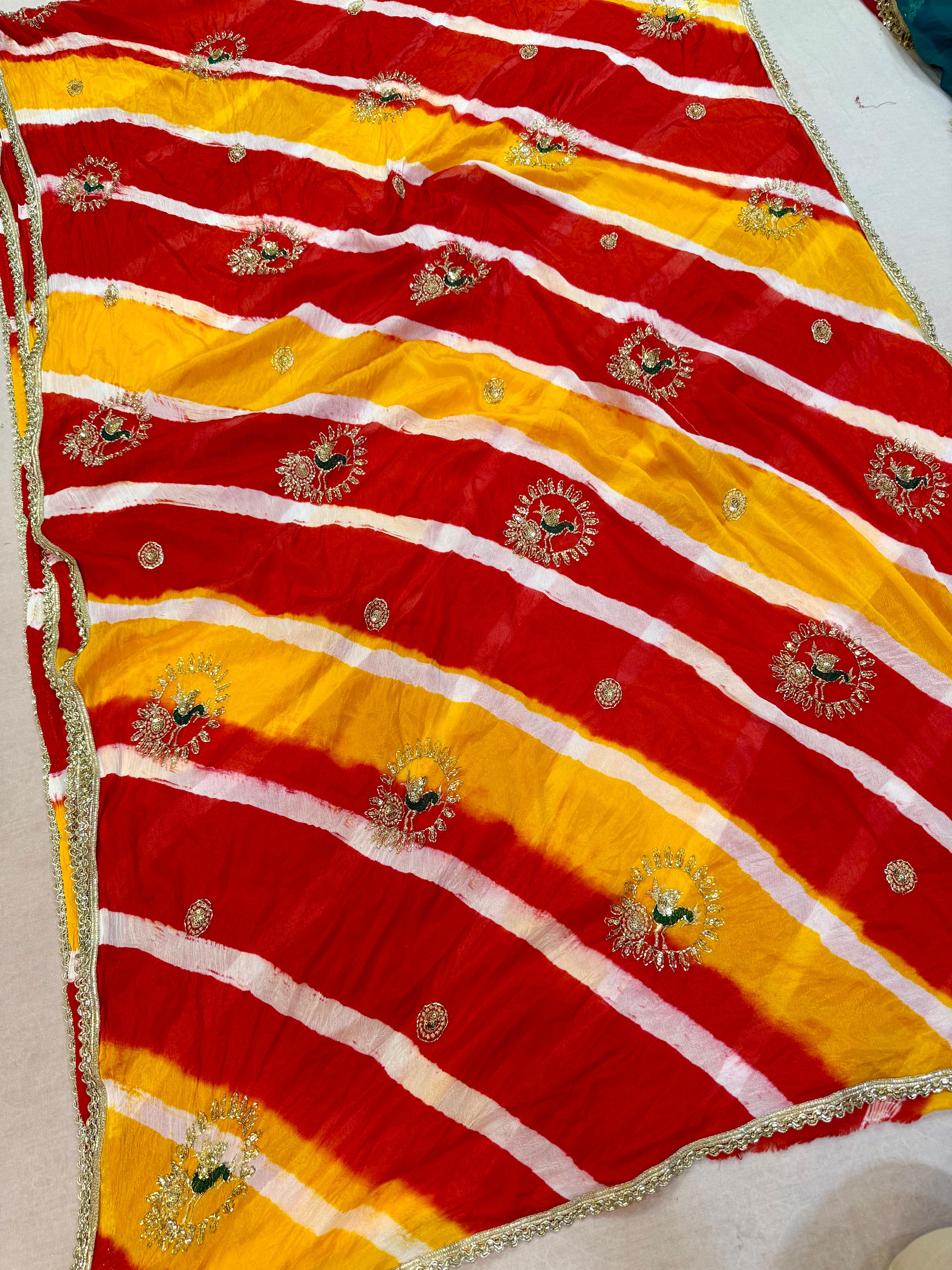 Latest Semi Chinon Leheriya Saree With Handwork