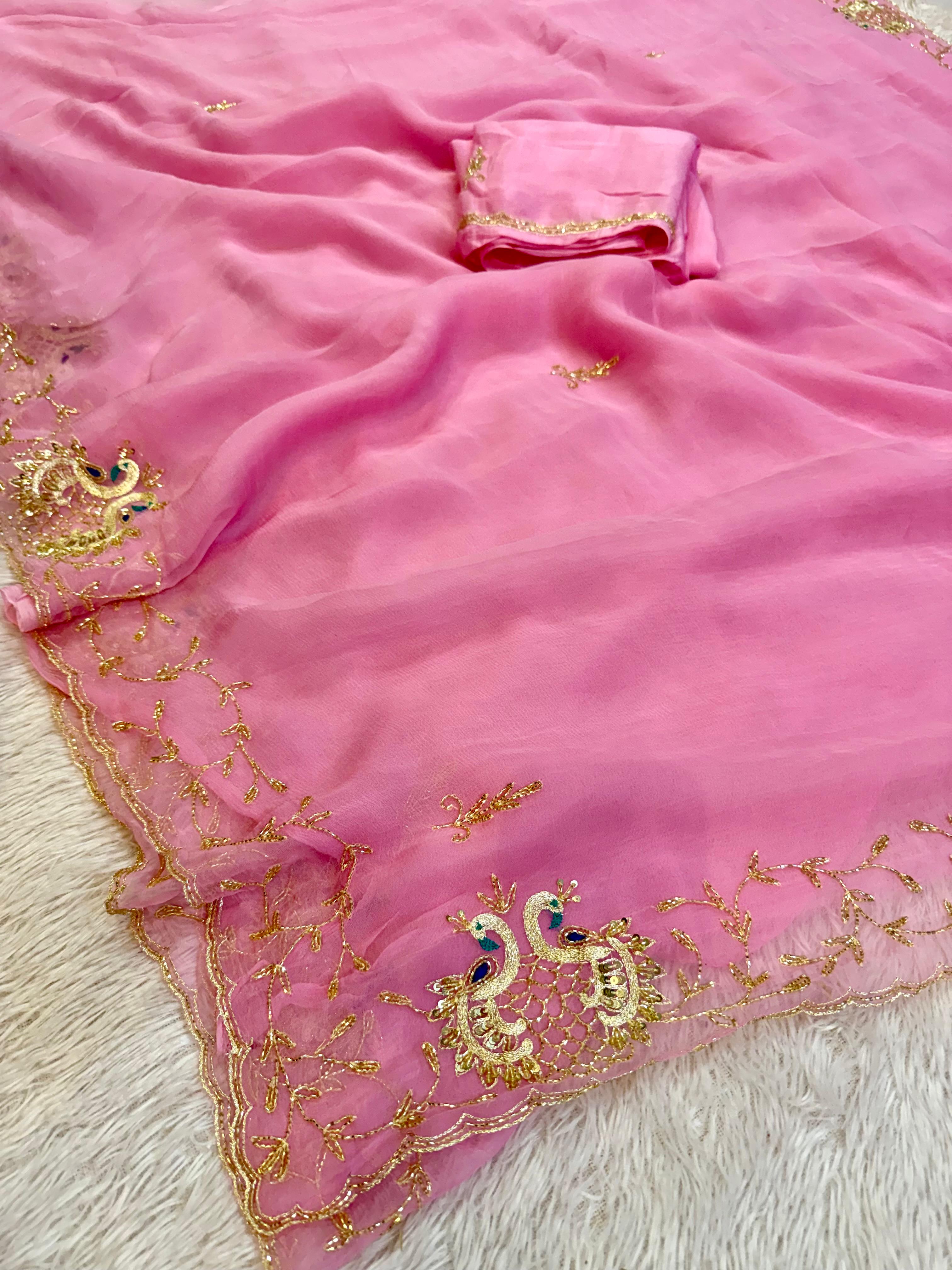 Beautiful Pure Chiffon Saree With Handwork