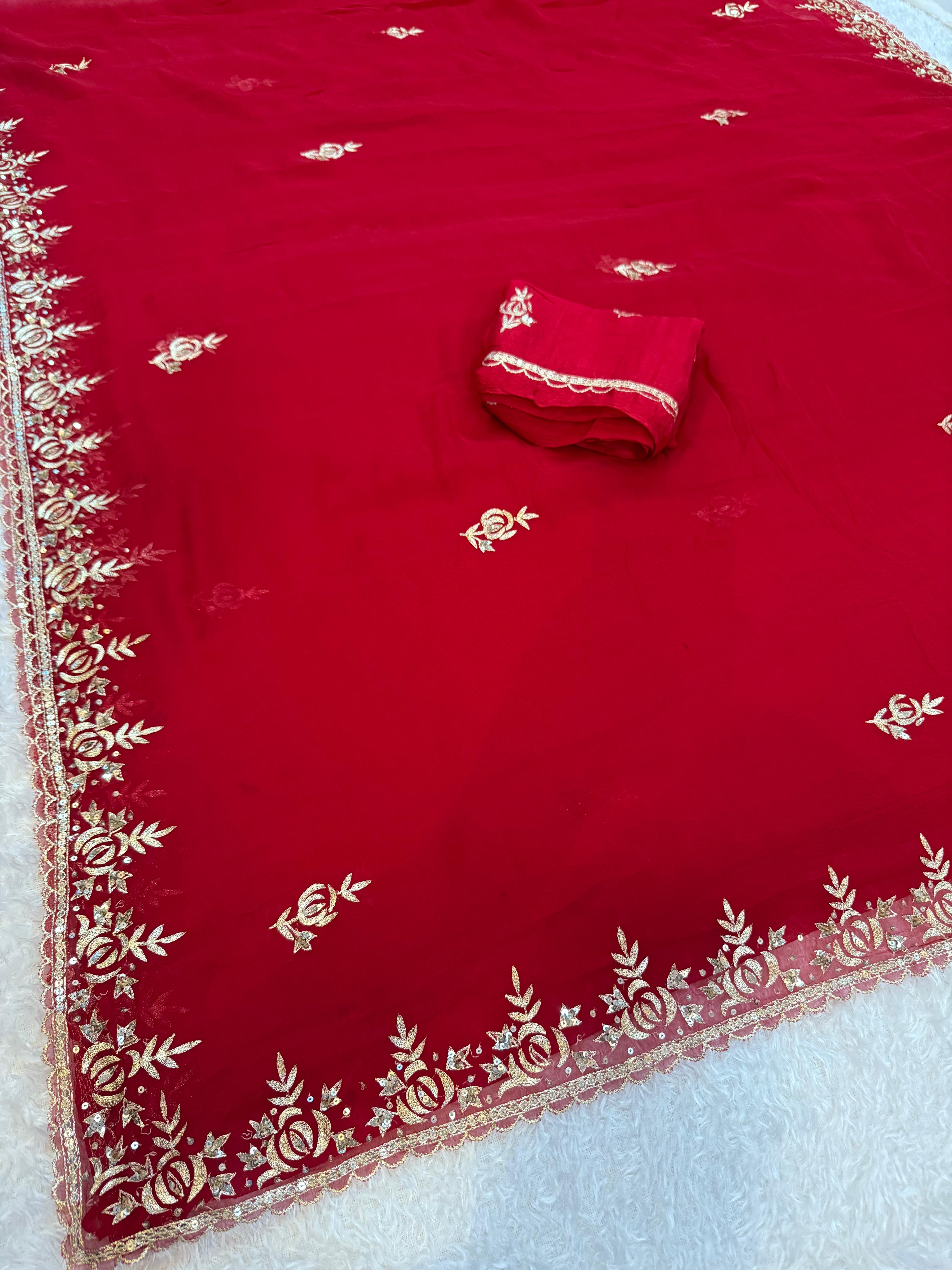 Traditional Pure Chiffon Saree With Kasab Work X Handwork Touching