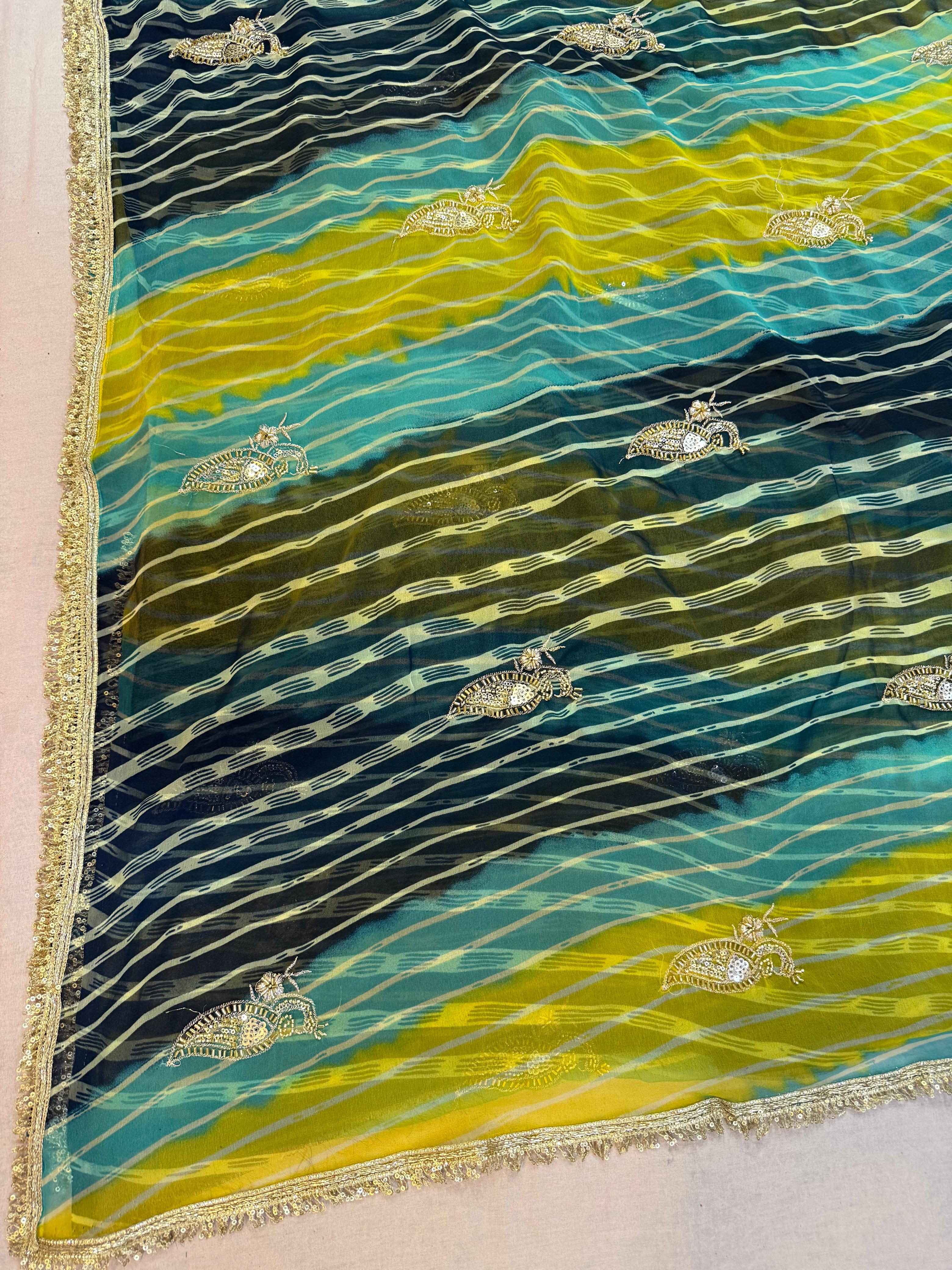 Latest Georgatte Leheriya Saree With Handwork Work