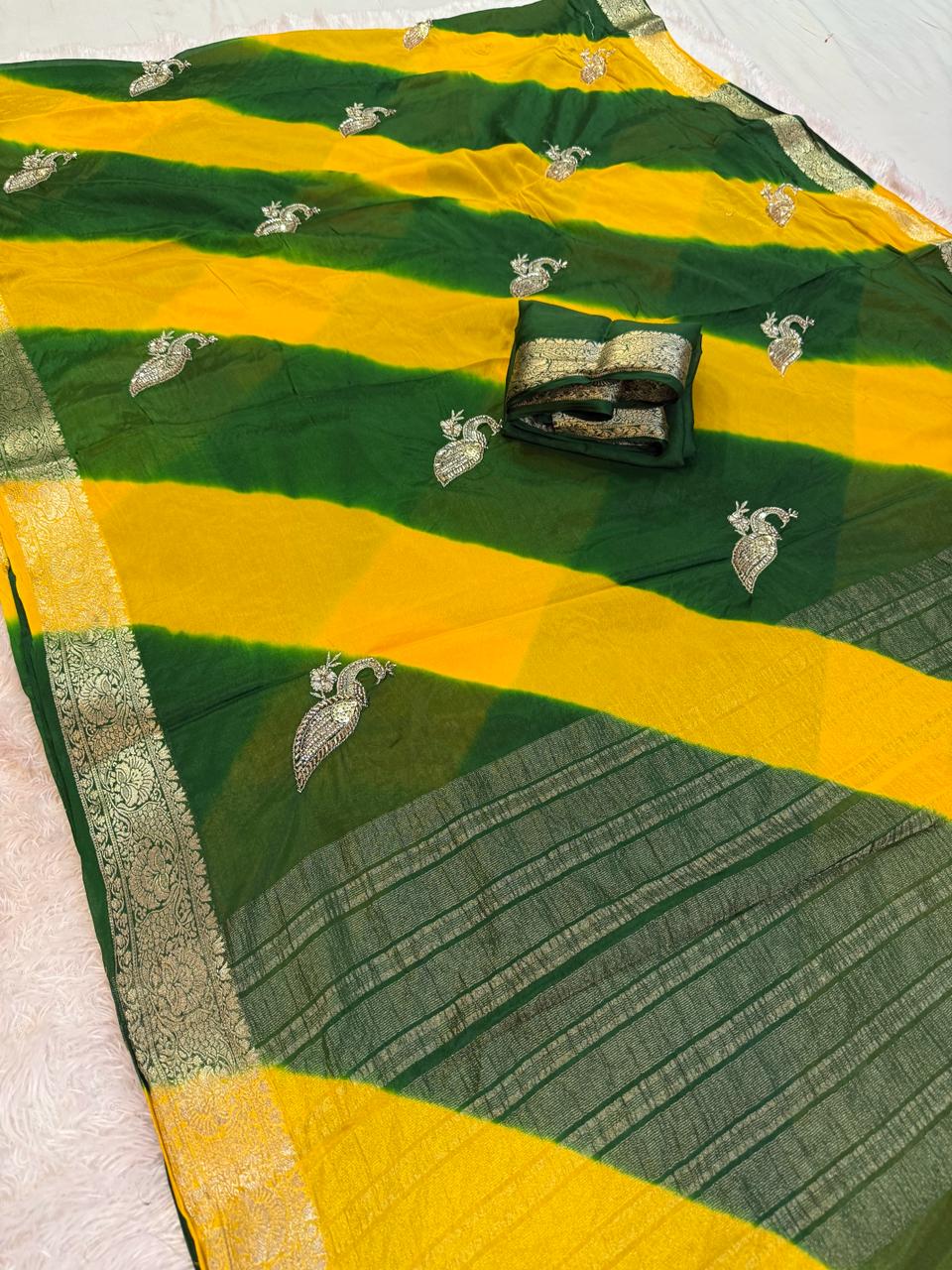 Designer Semi Chinon Lahariya Saree With Handwork