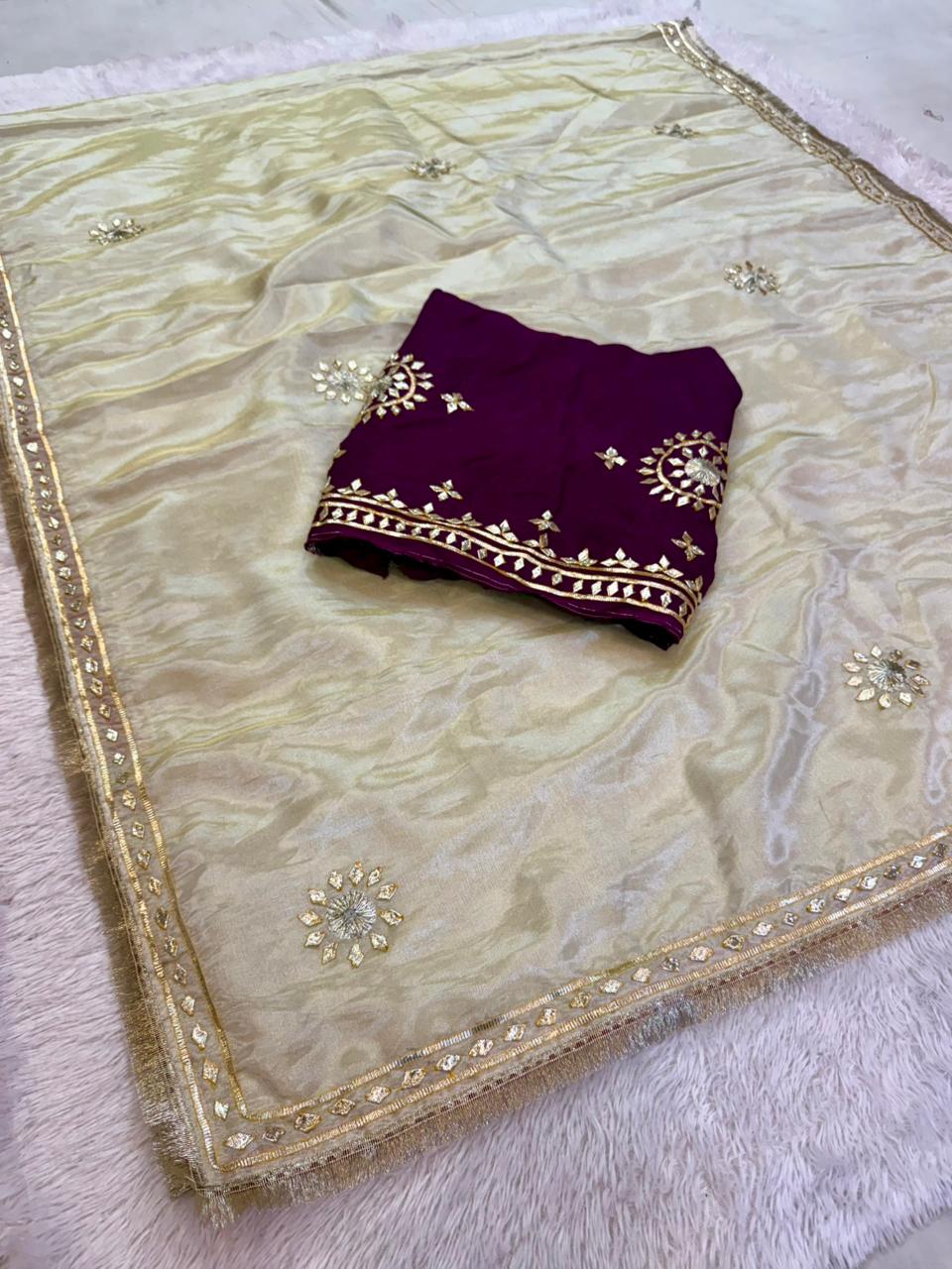 Traditional Pure Cosmos Febric Saree With Beautiful Gottapatti Work