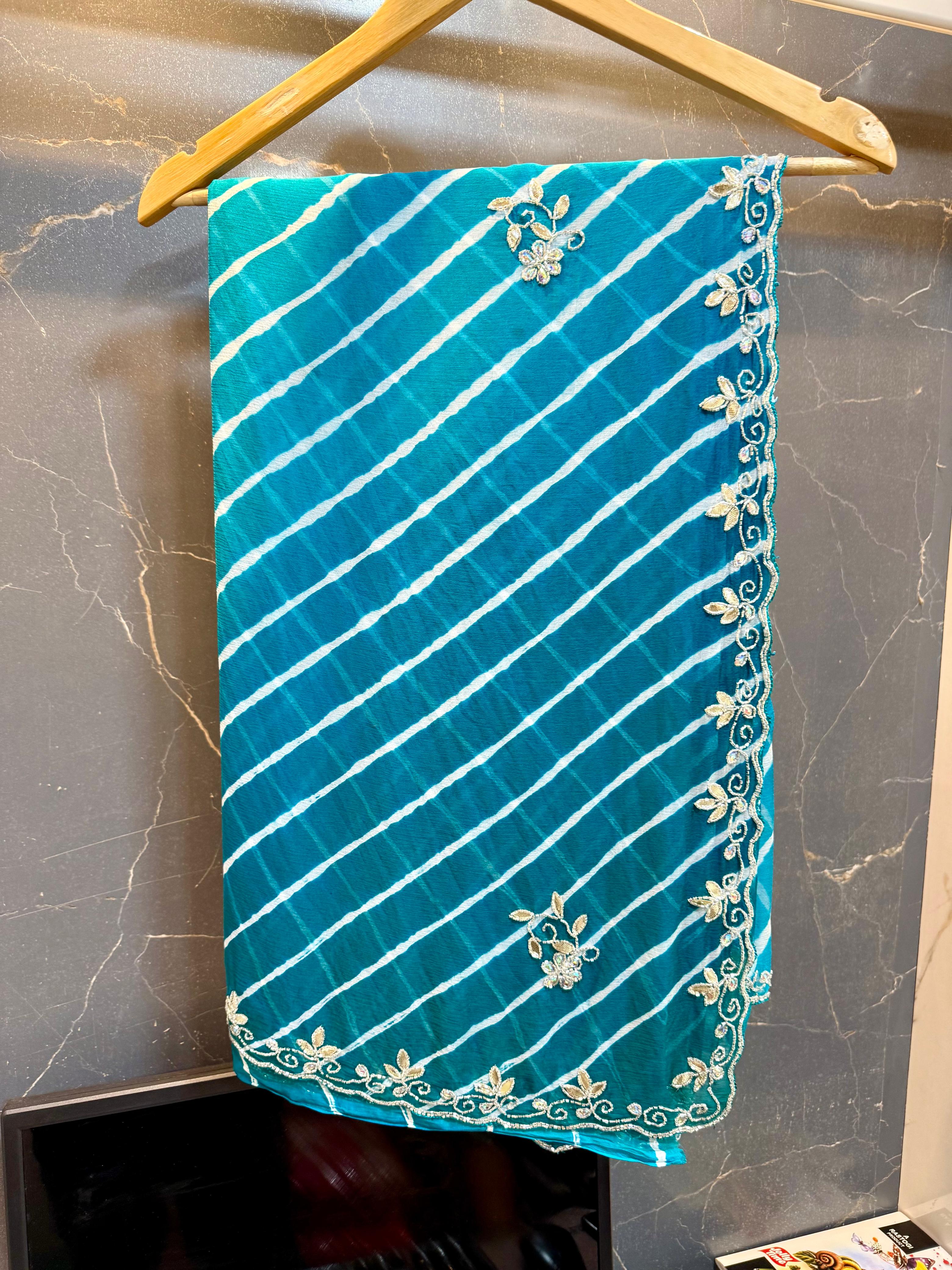Beautiful Semi Chiffon Lahriya Saree With Handwork