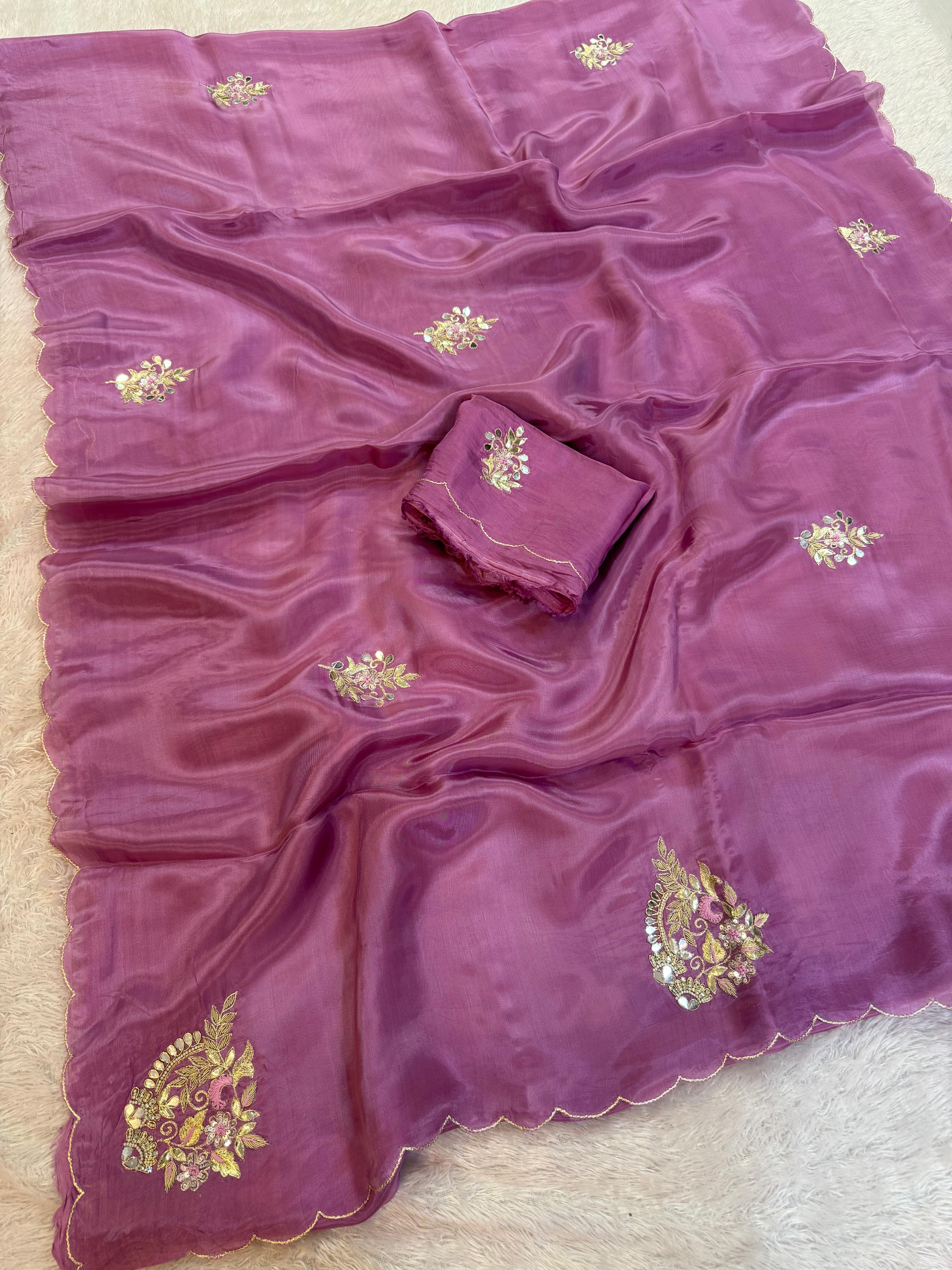 Designer H.O Silk Saree with Floral Handwork
