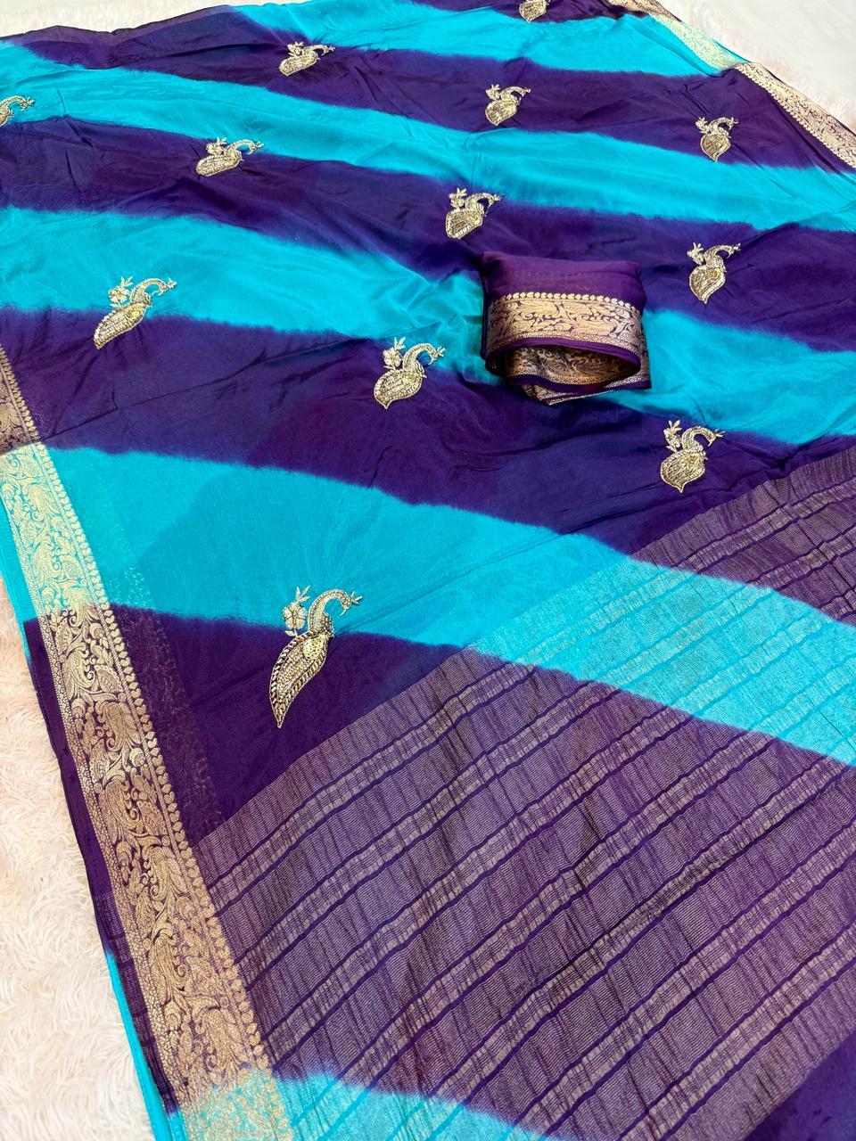 Designer Semi Chinon Lahariya Saree With Handwork