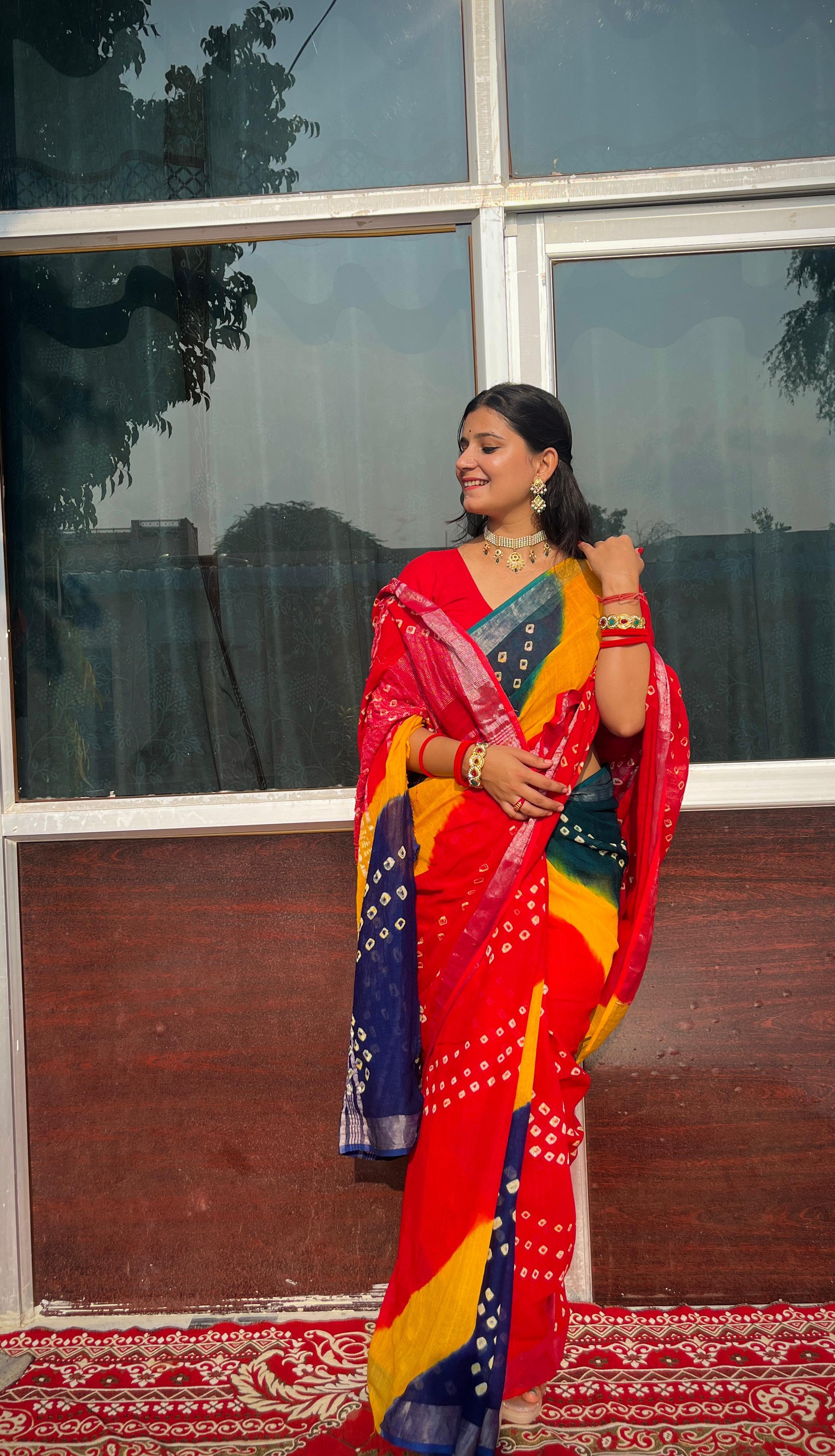Linan Cotton Saree Hand Bandhej Jaipuri Design