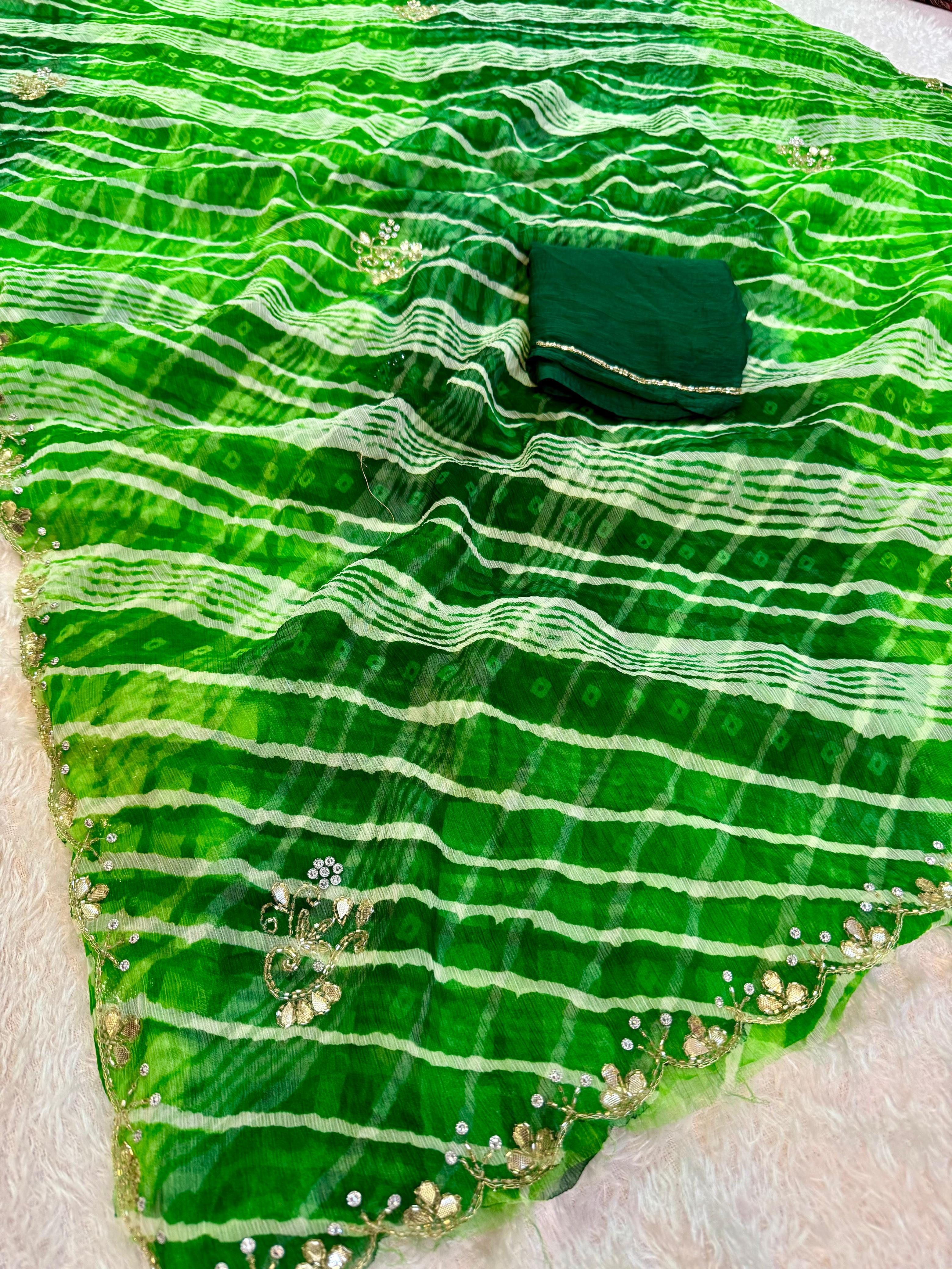 Latest Semi Chiffon Leheriya Saree With Handwork