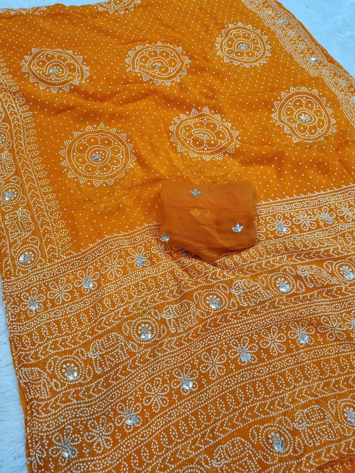 Traditional Bandhani Semi Chiffon Saree With Handwork