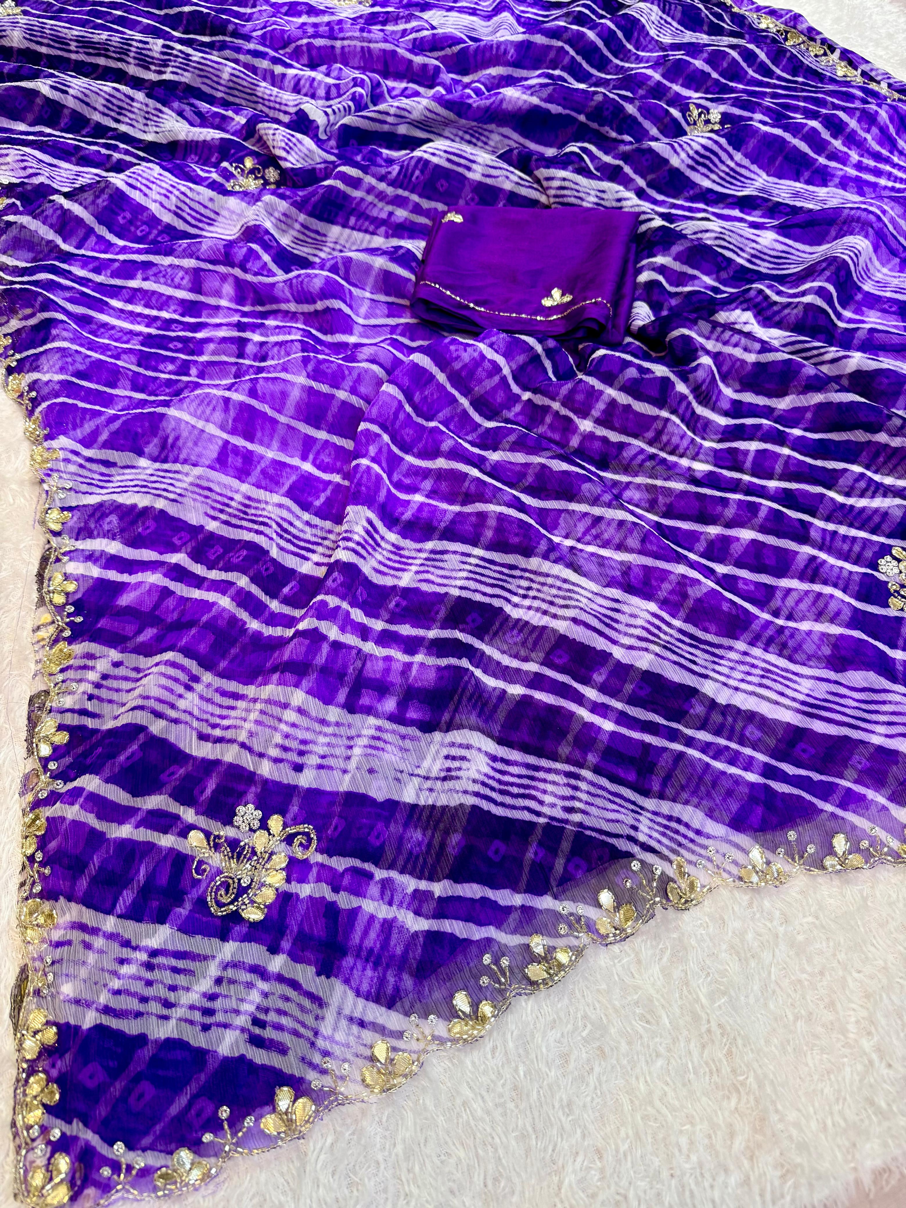 Latest Semi Chiffon Leheriya Saree With Handwork