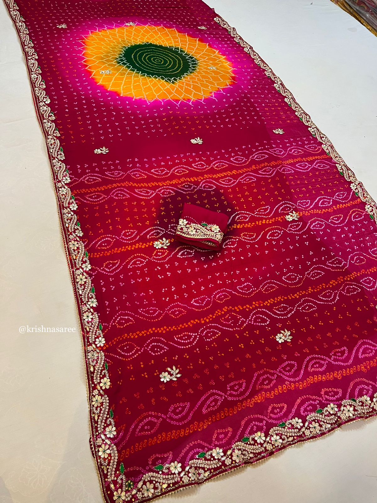 Premium Jodhpuri Chiffon Saree With Handwork X Hand Bandhej