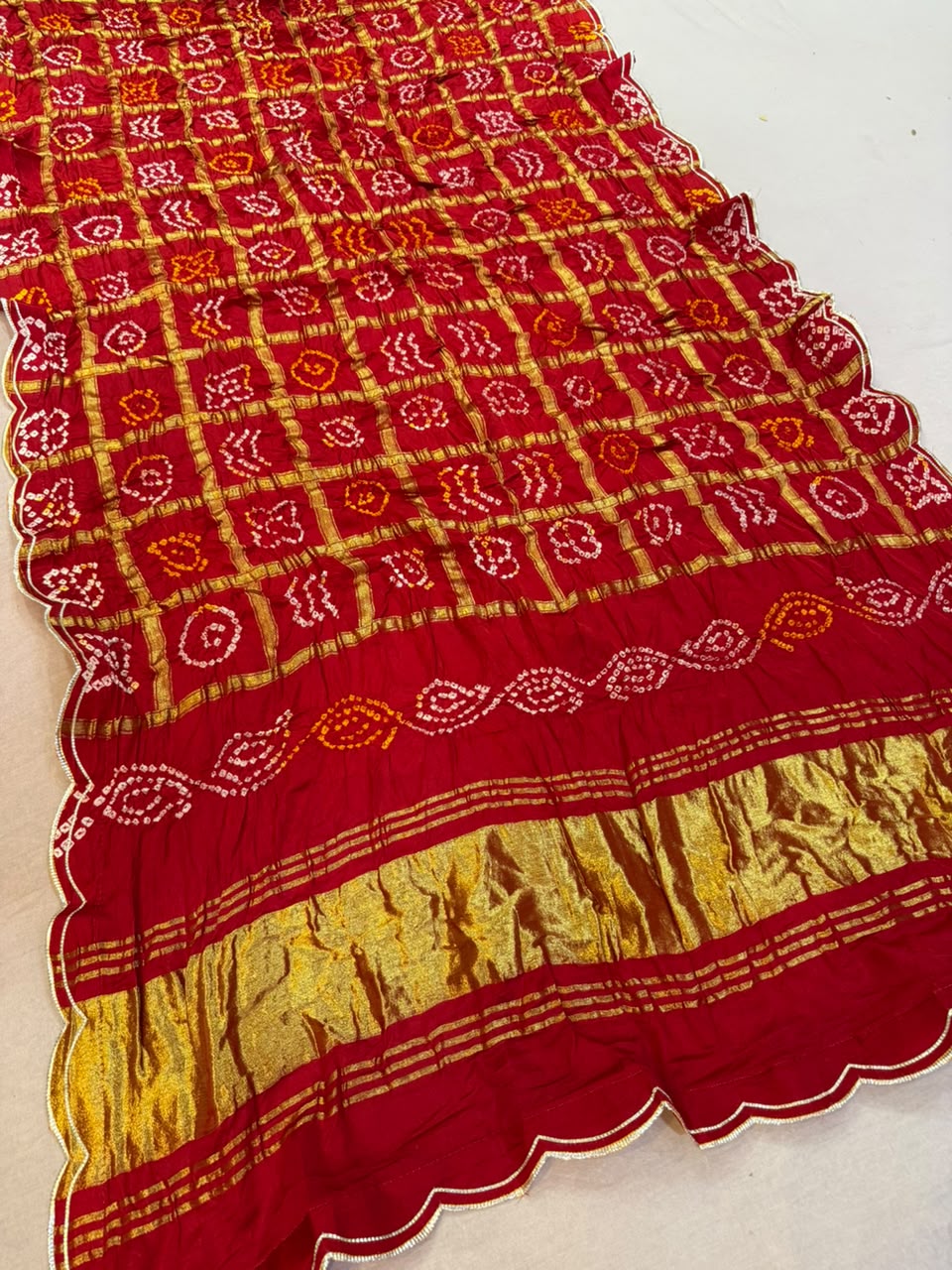 Traditional Red Bandhani Dupatta with Golden Zari Border