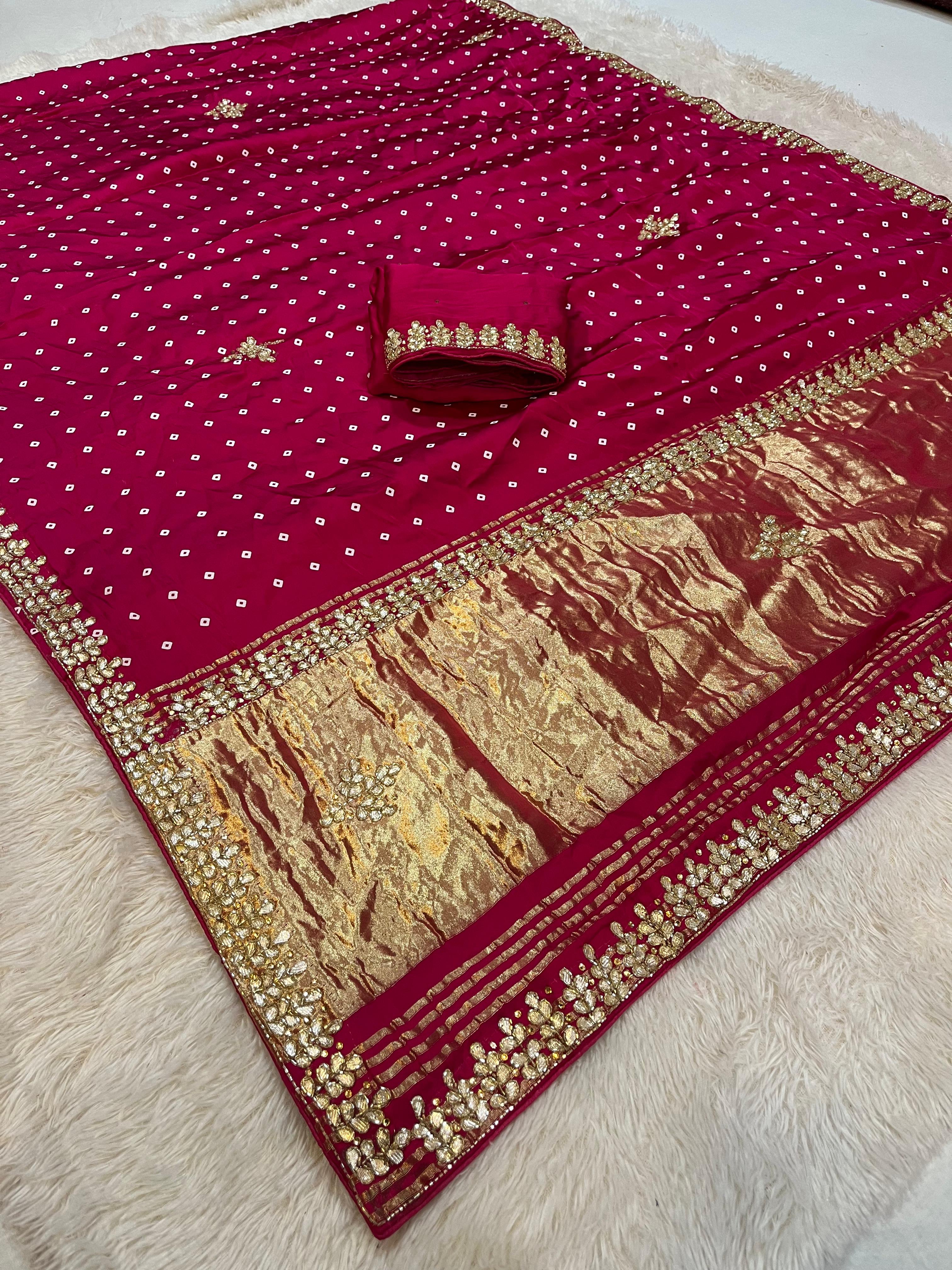 Designer Modal Silk Bandhani Table Print Saree With Handwork