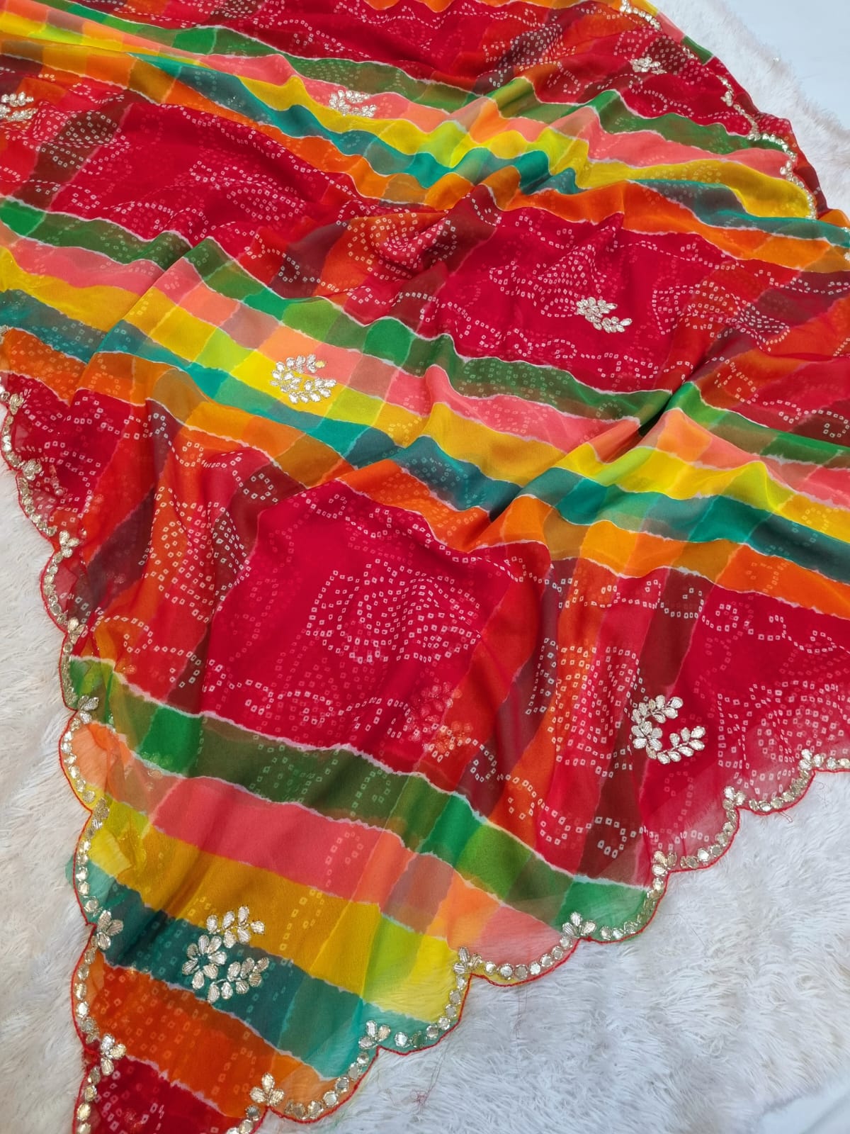 Beautiful Georgatte Weight Less Febric Lahriya Saree With Handwork