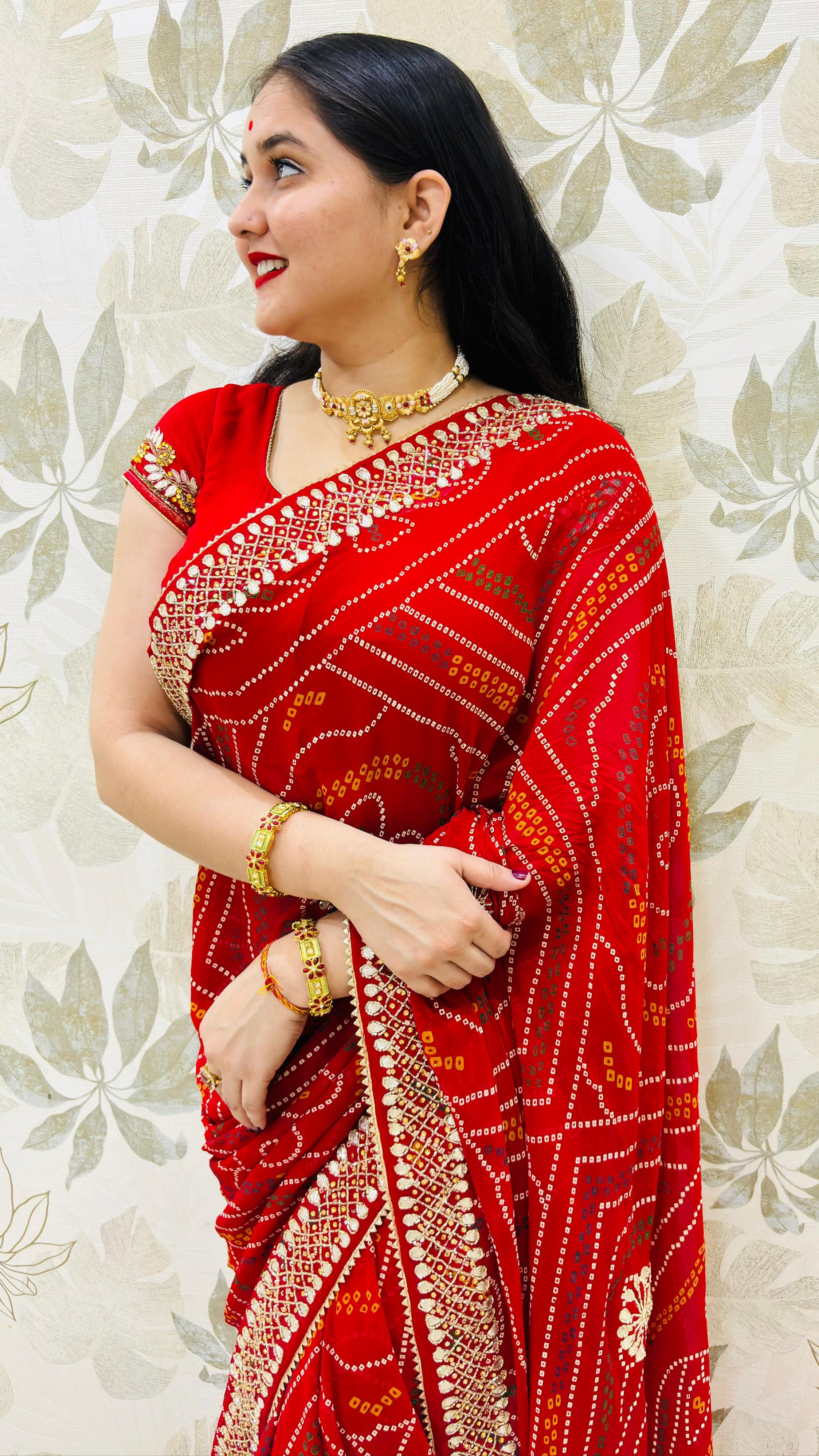 Pure Viscose Georgatte Fabric Bandhni Print Saree With HandWork