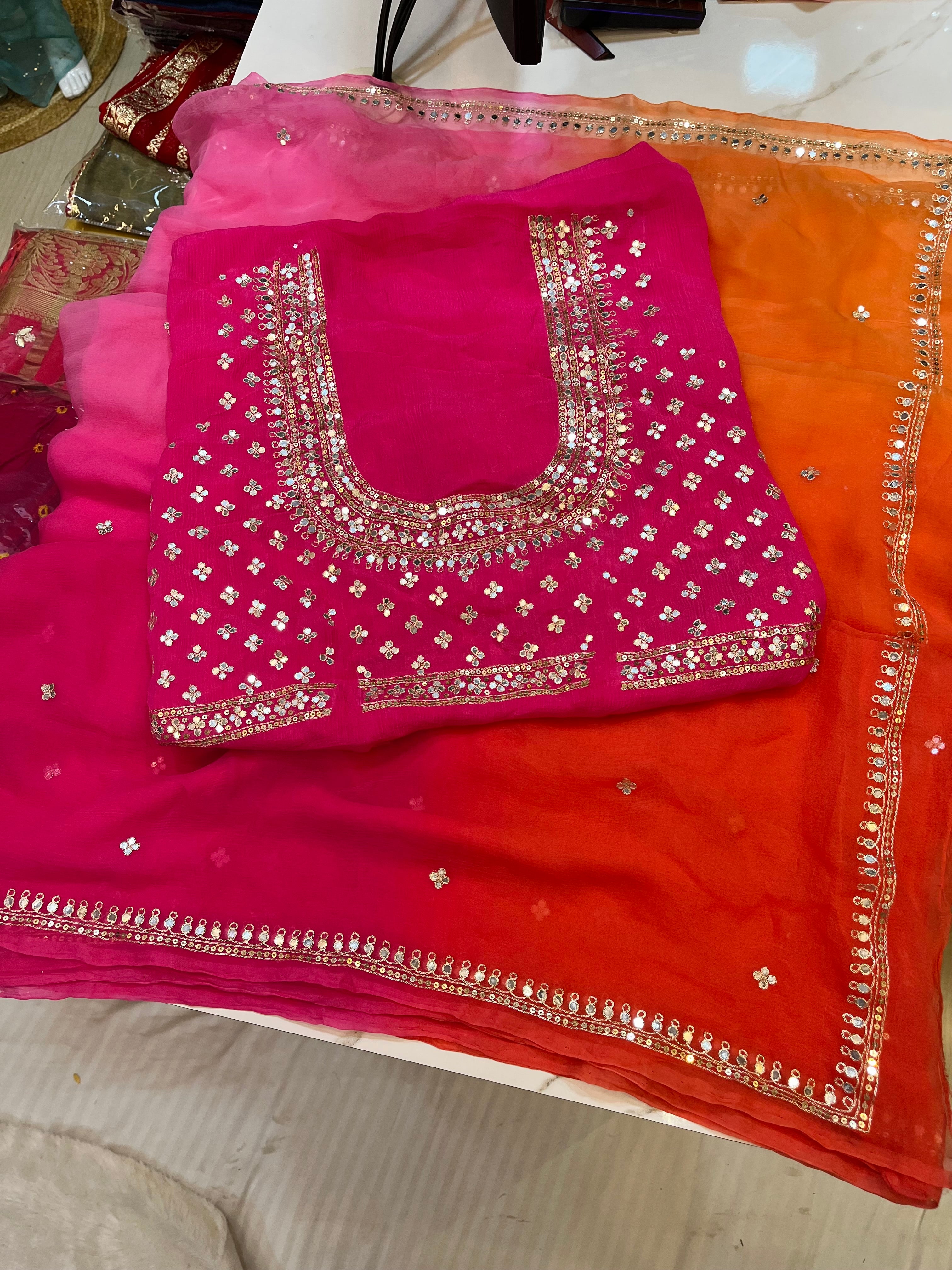 Pure Chiffon Designer Harvey Blouse Saree X Box Dye