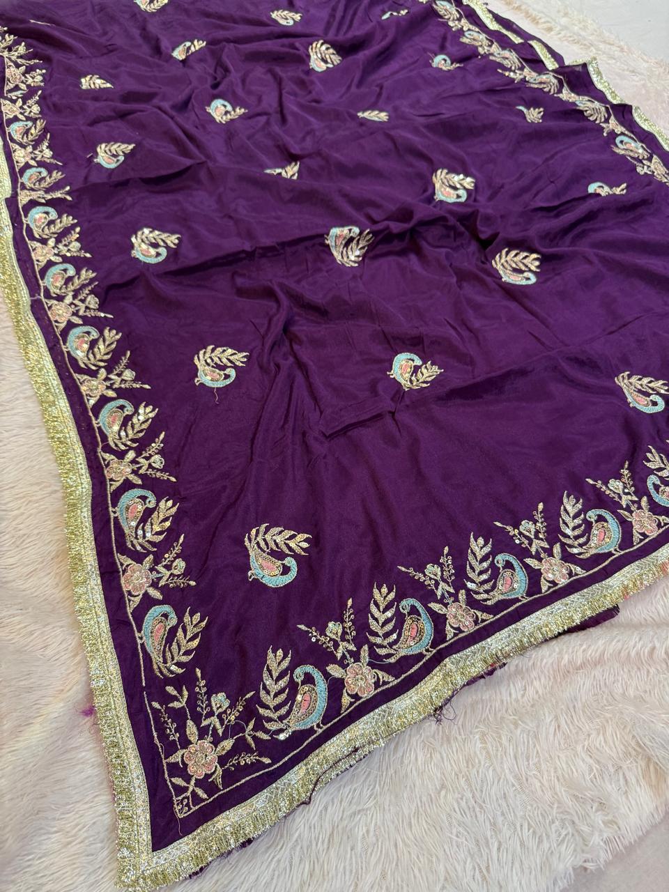 Latest Semi Chinon Saree With Handwork