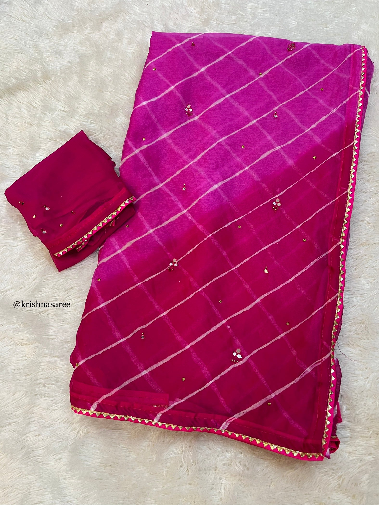 Jaipuri Semi Chiffon Hand Lahriya Saree With Handwork