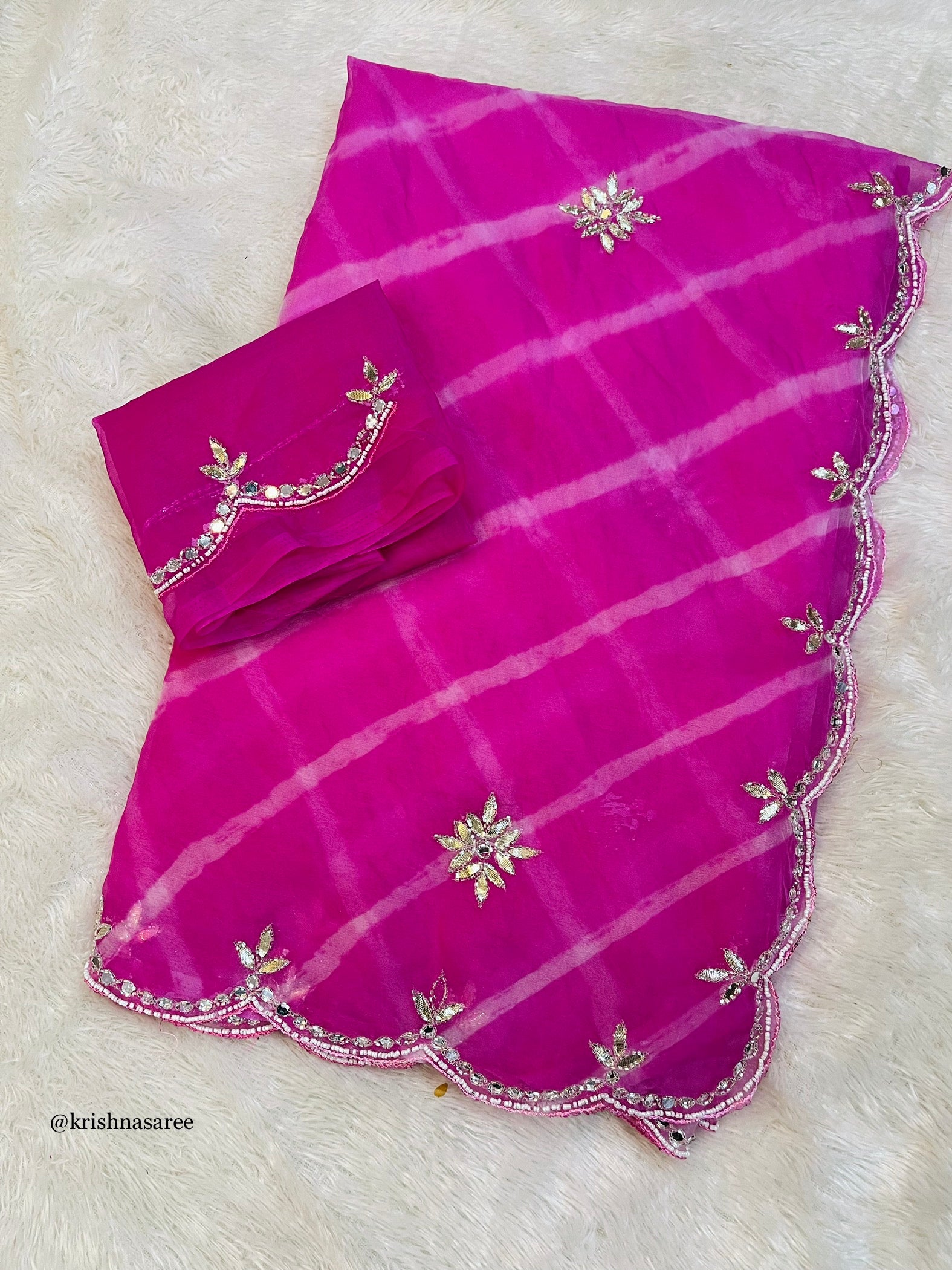 Beautiful Organza Lahriya Saree With Handwork