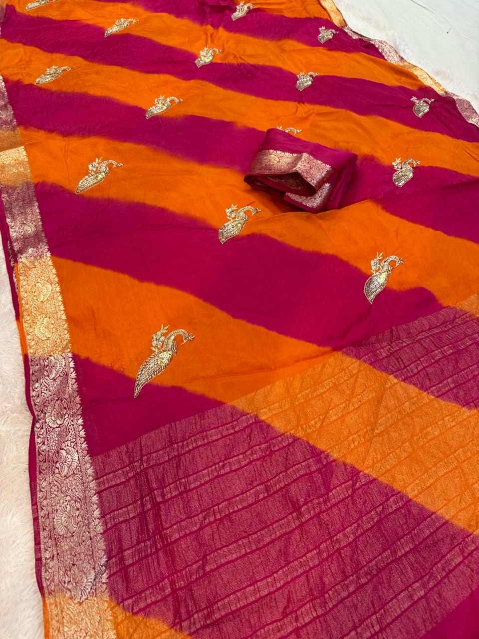 Designer Semi Chinon Lahariya Saree With Handwork