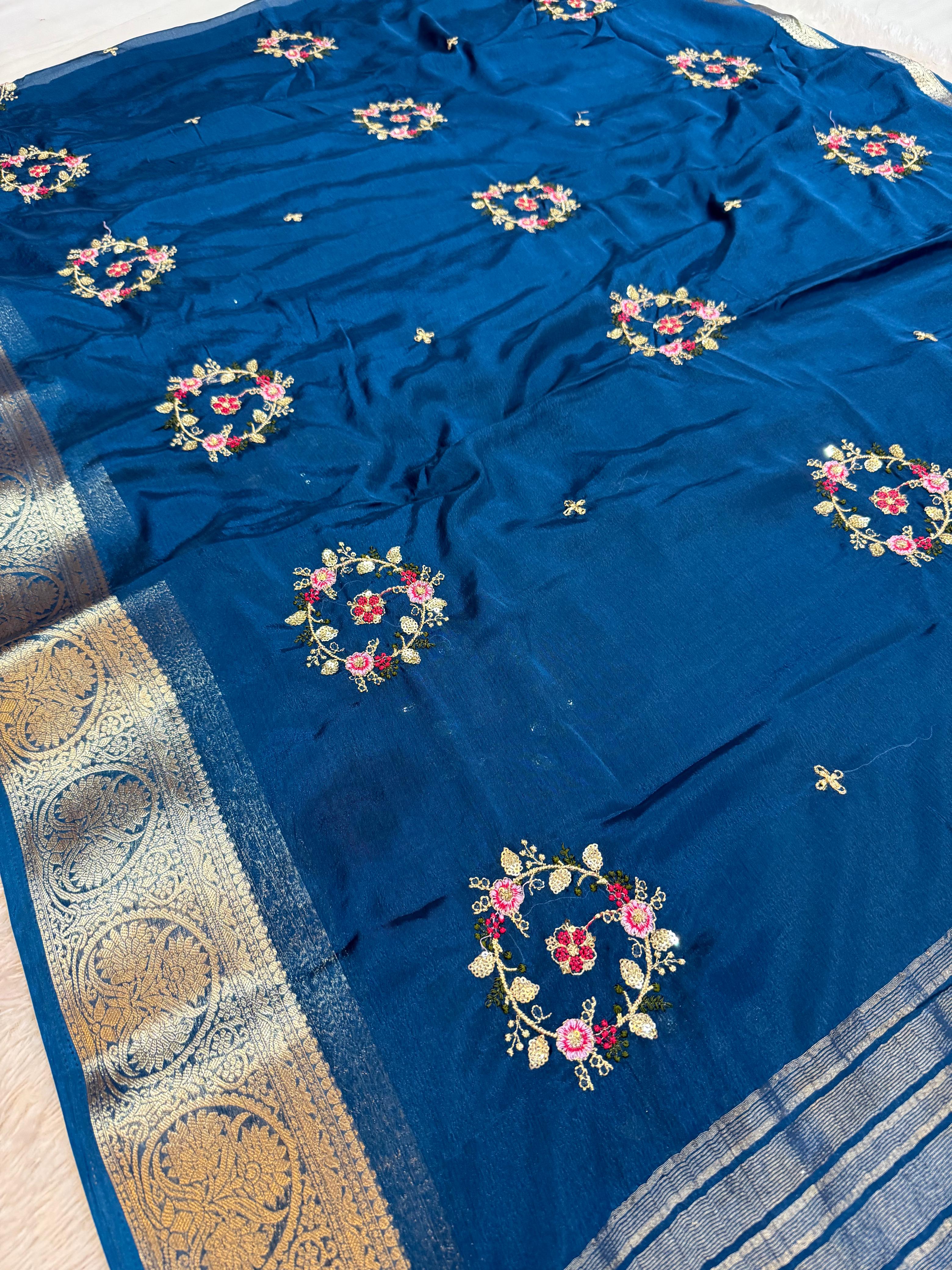 Beautiful D Chinon Saree With Handwork