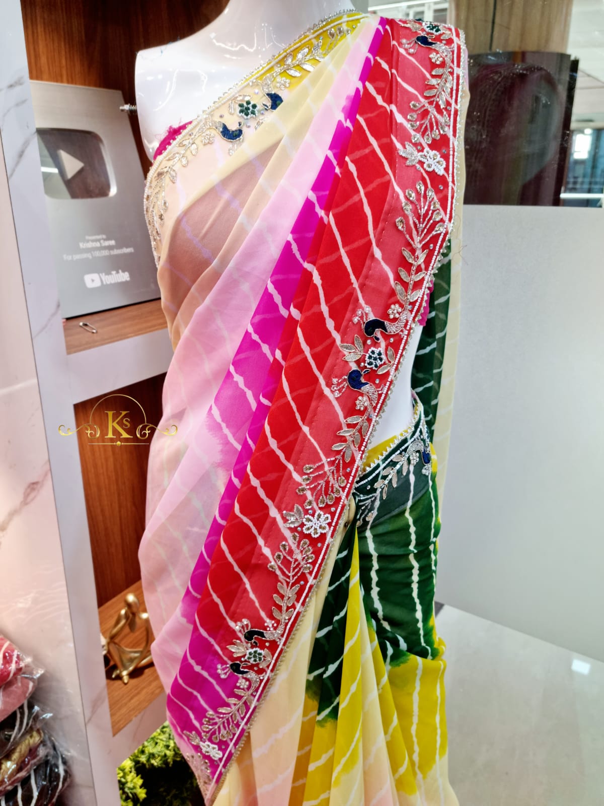 Georgatte Multi Colour Lahriya Saree With Traditional Handwok