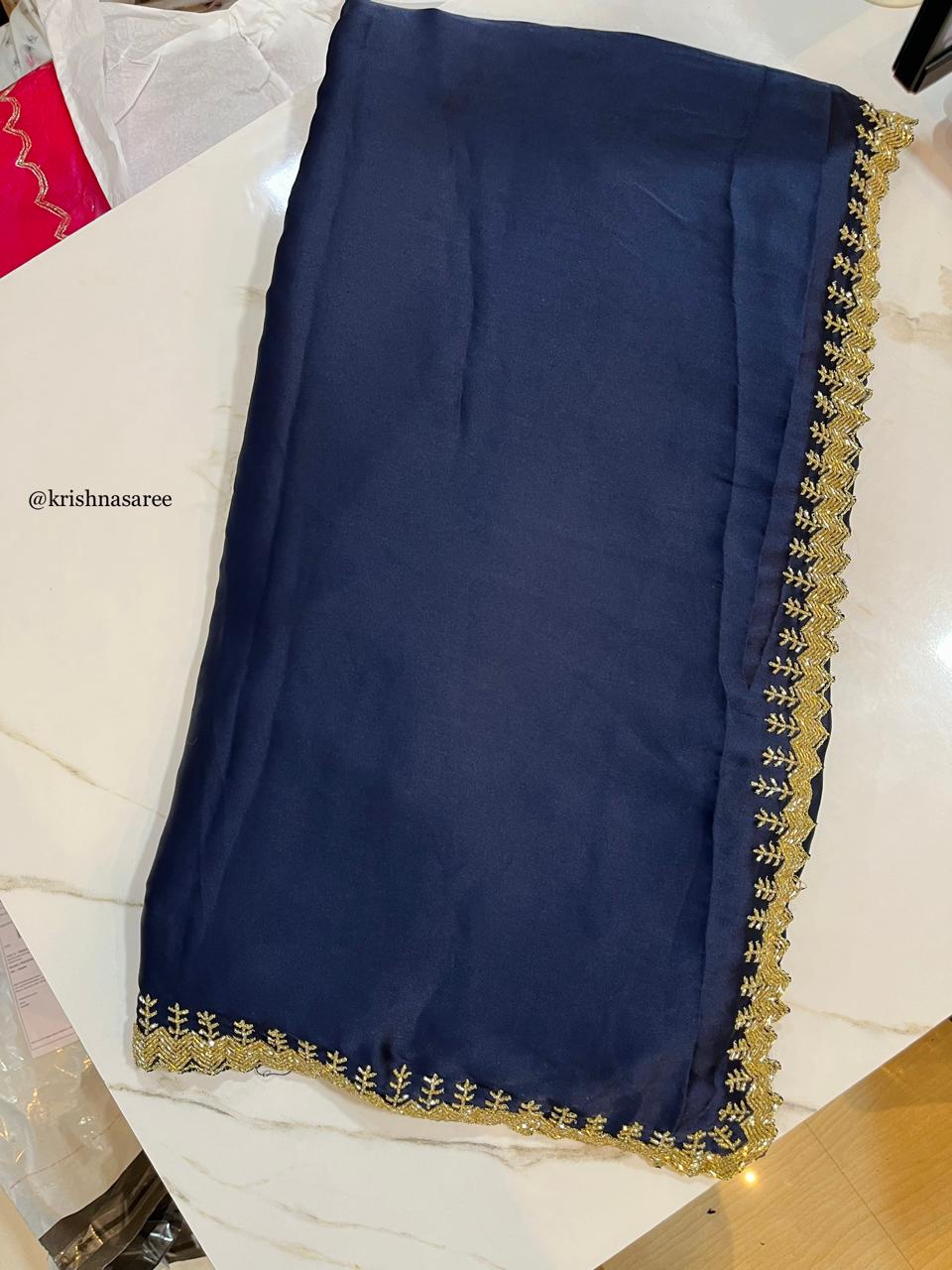 Beautiful Satin Silk Saree With Handwork