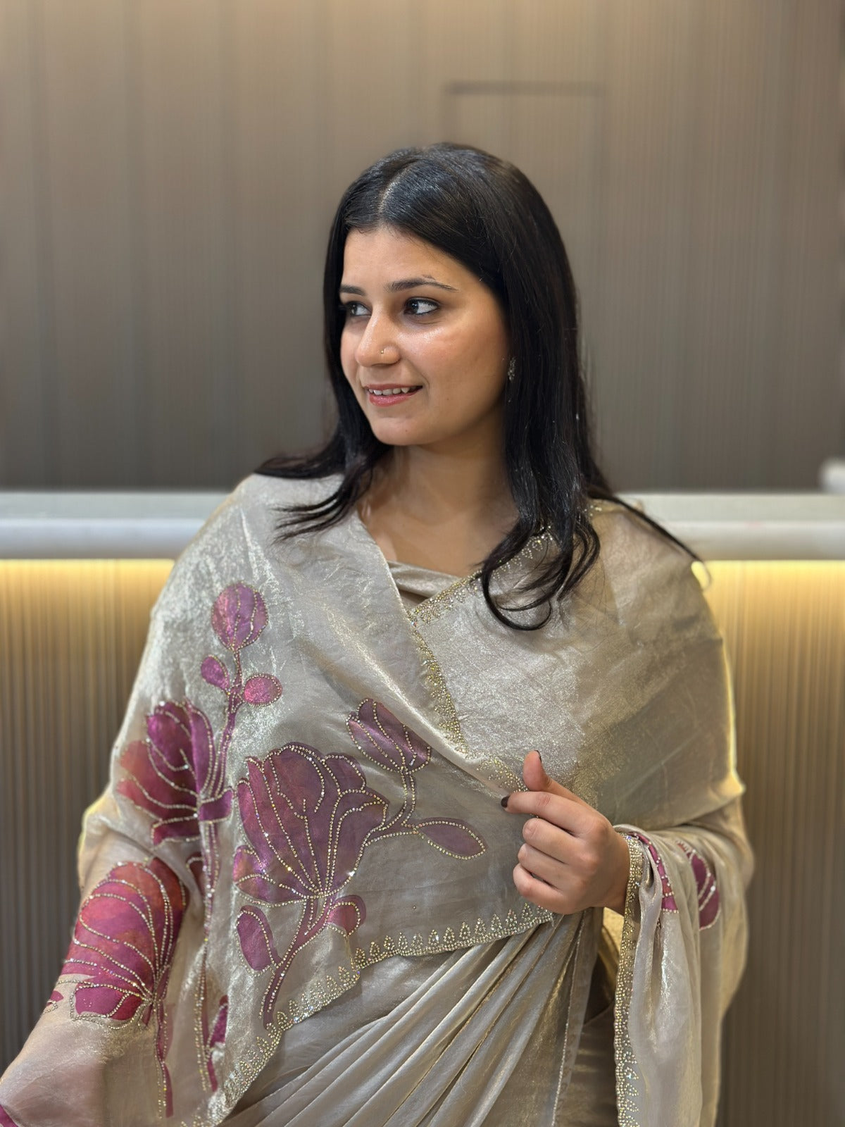 Beautiful Fendi Silk Saree With Premium Handwork
