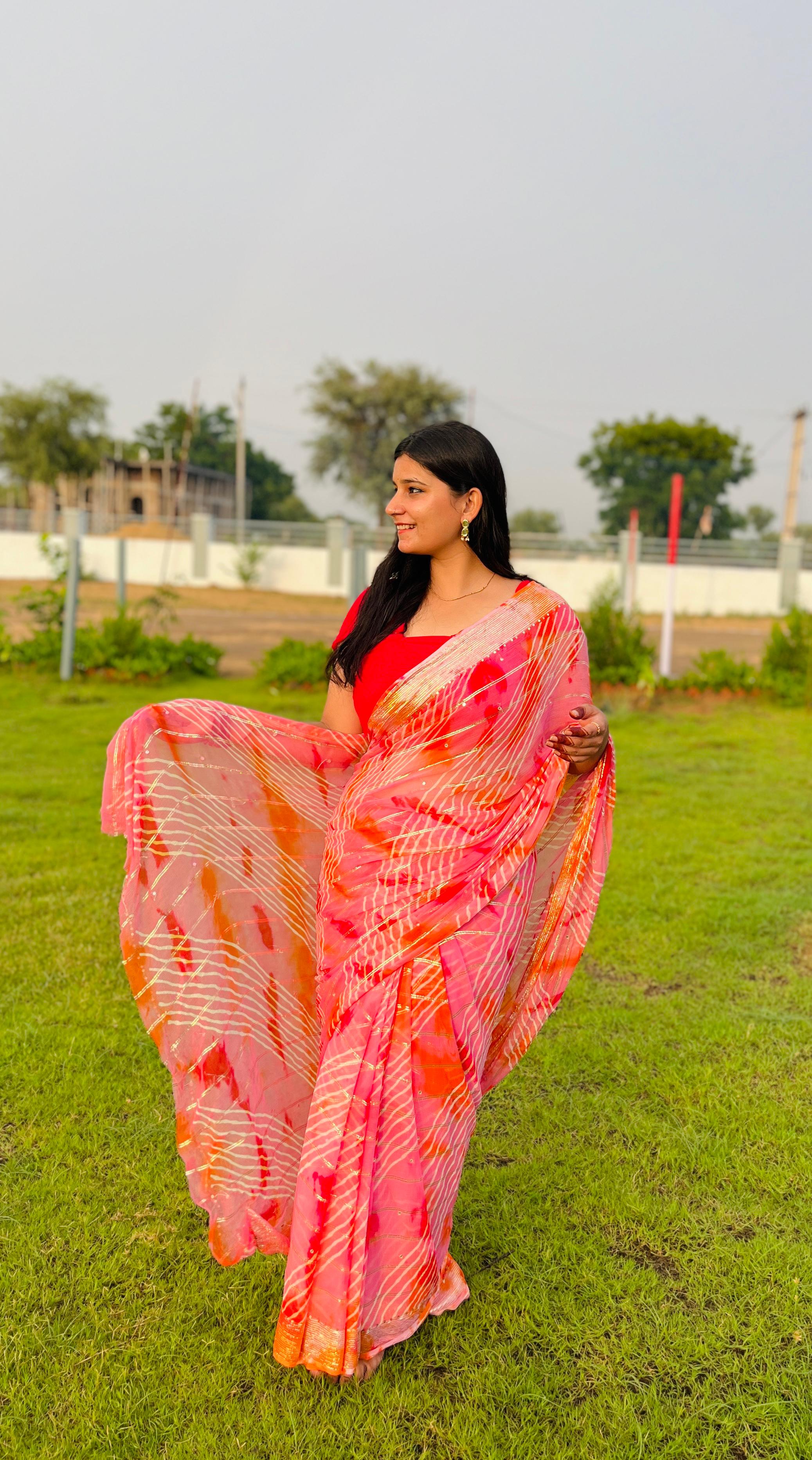Designer Pure Chiffon Lahriya Saree With Handwork