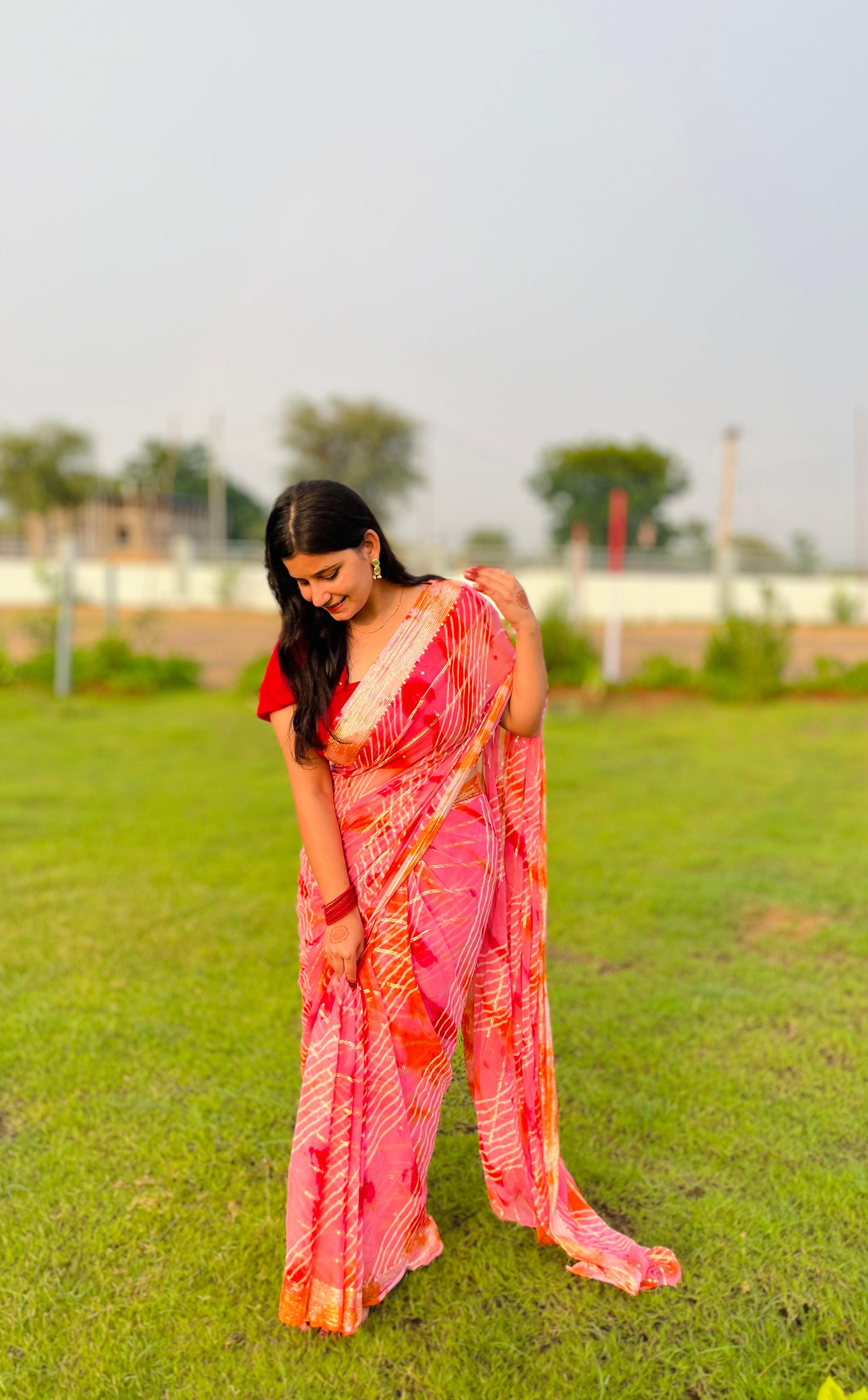 Designer Pure Chiffon Lahriya Saree With Handwork