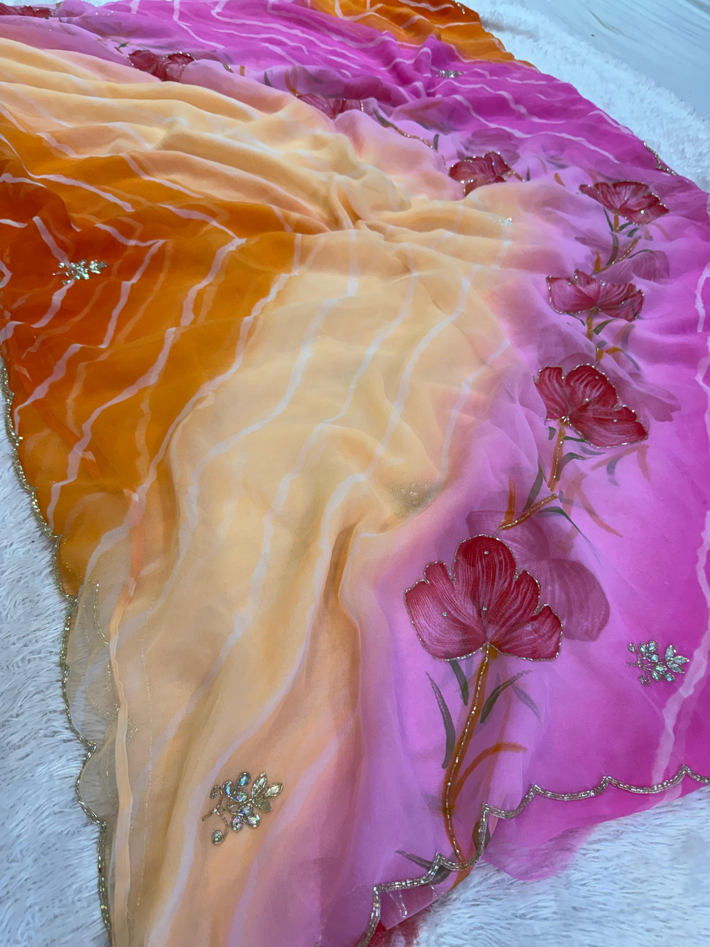 Designer Lehriya Saree with Floral Handwork Design