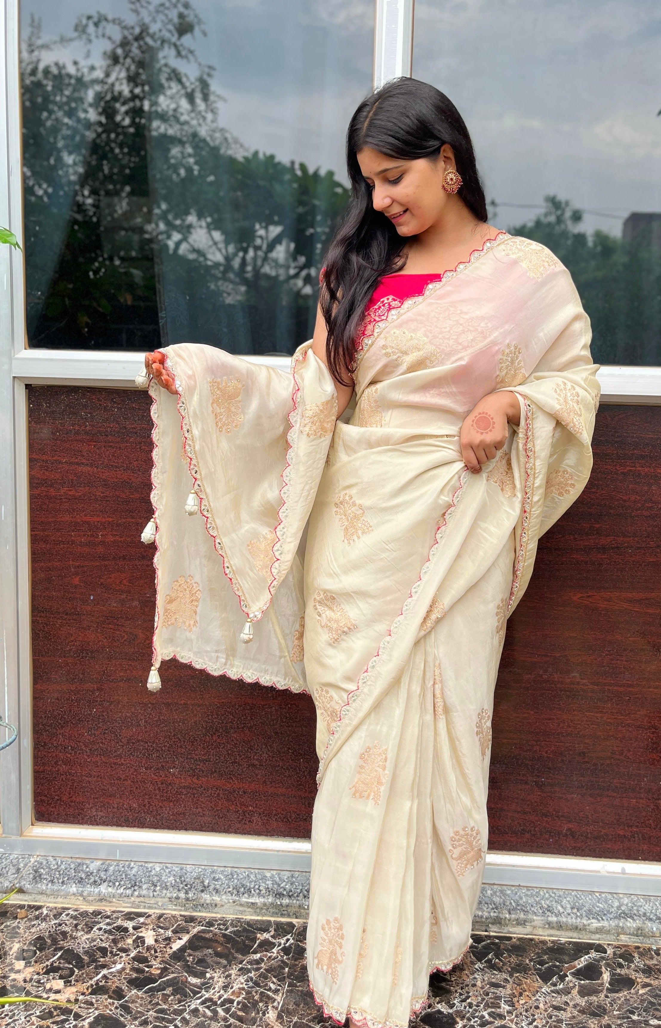 Premium Cosmos Fabric Saree With Handwork