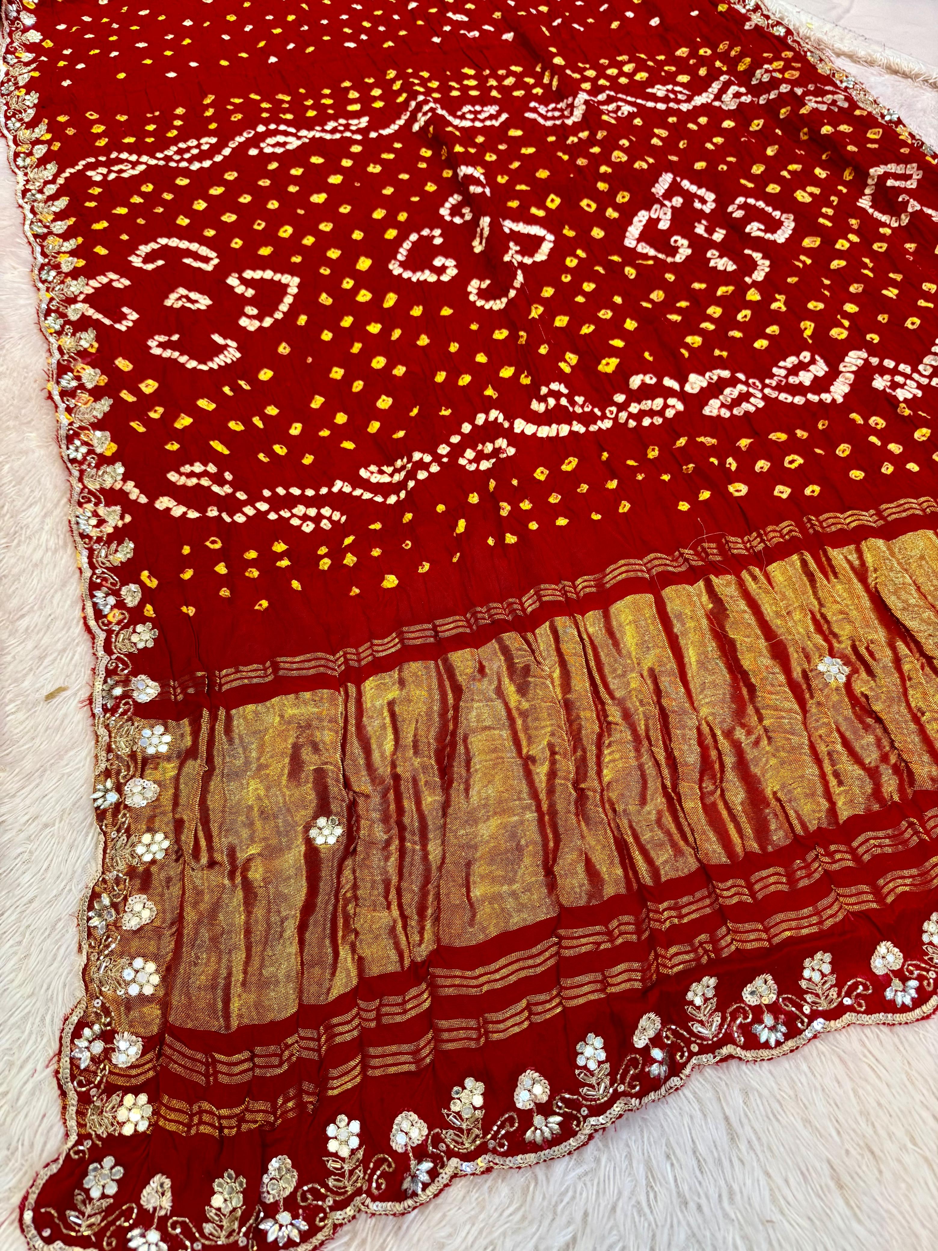 Traditional Modal Gajji Silk Bandhani Saree With Handwork