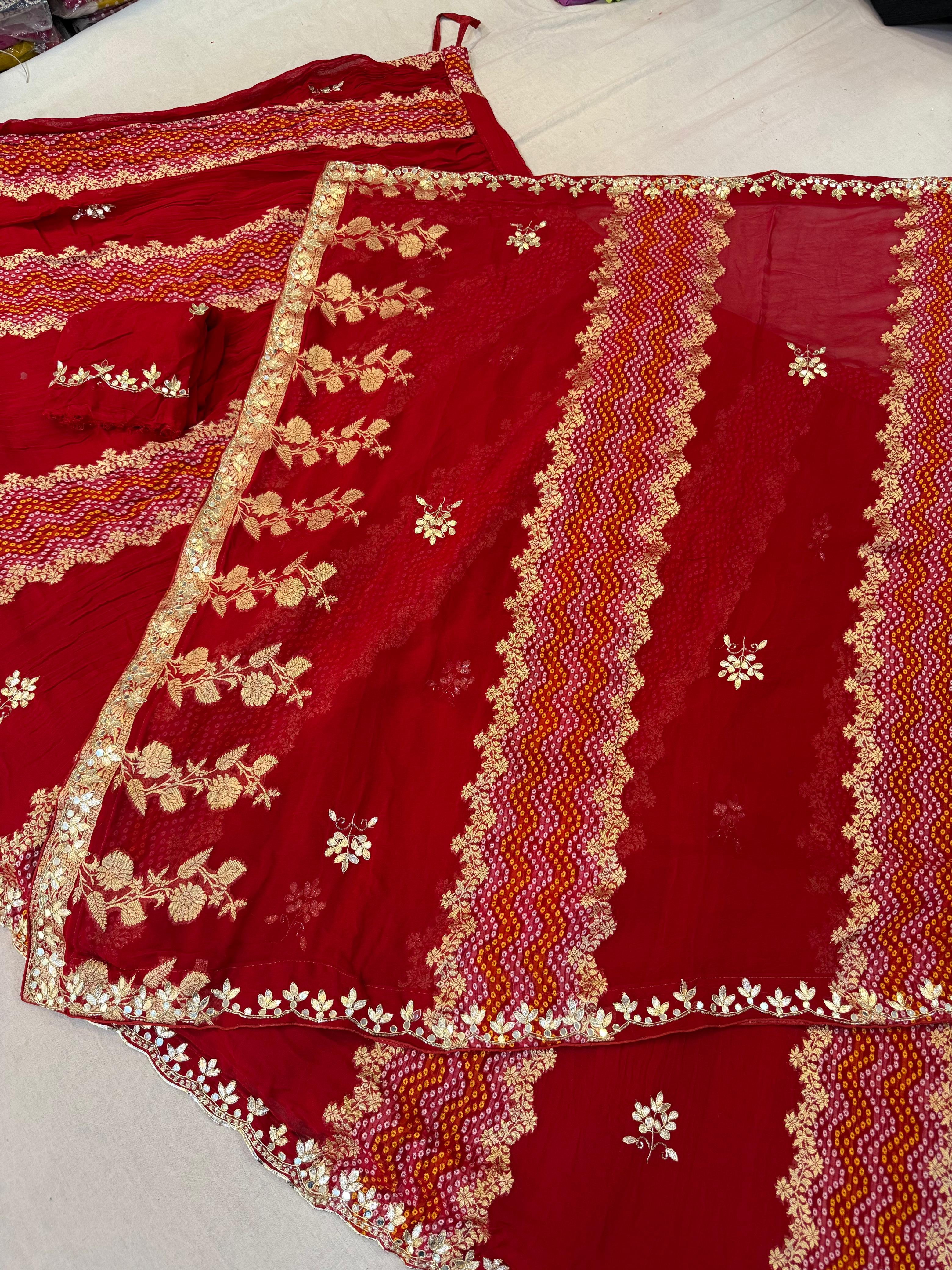 Royal Red Bandhani Georgette Lehenga with Gota Patti & Zari Embroidery