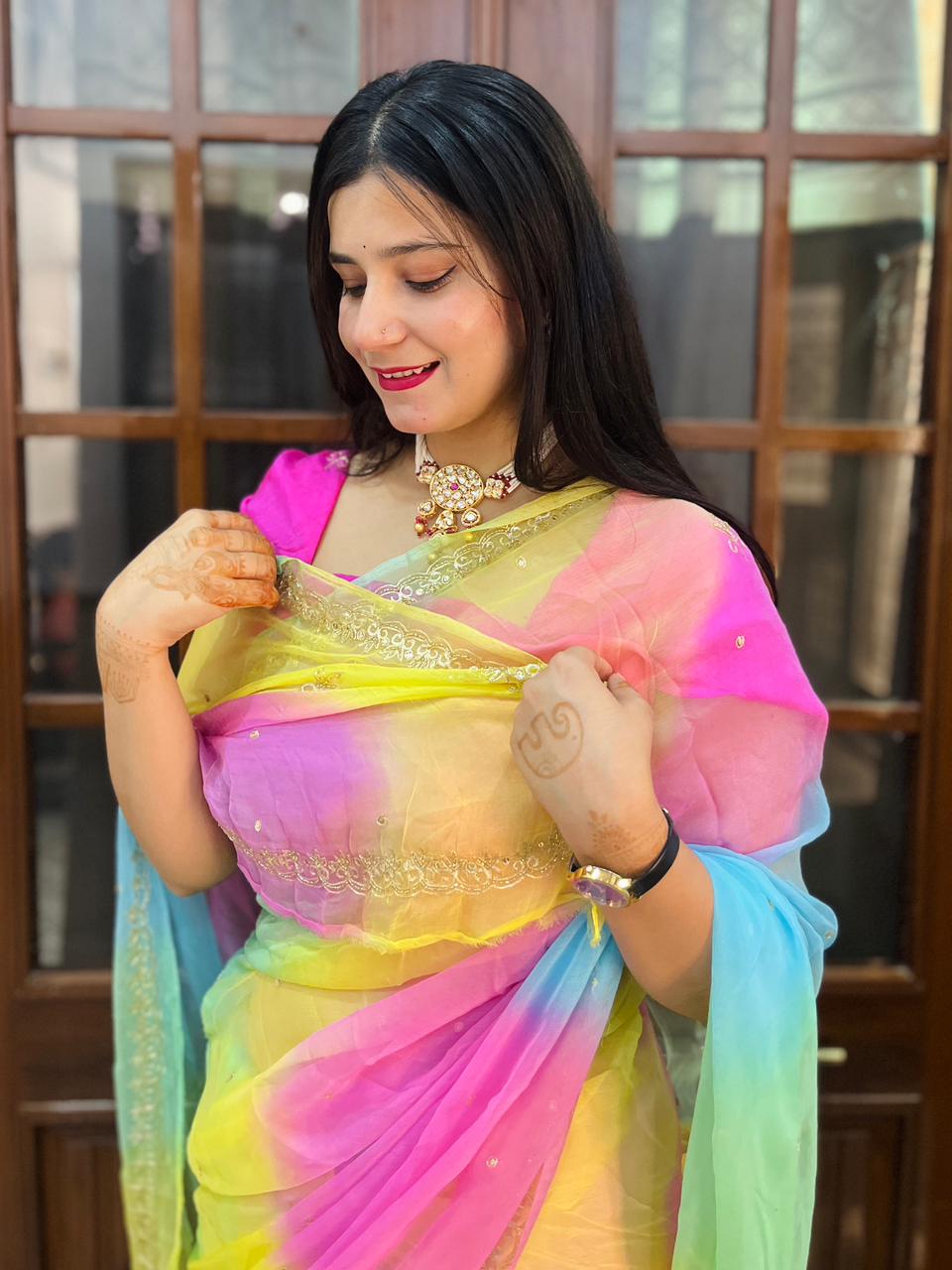 Designer Pure Chiffon  Samundari Leheriya Saree With Handwork