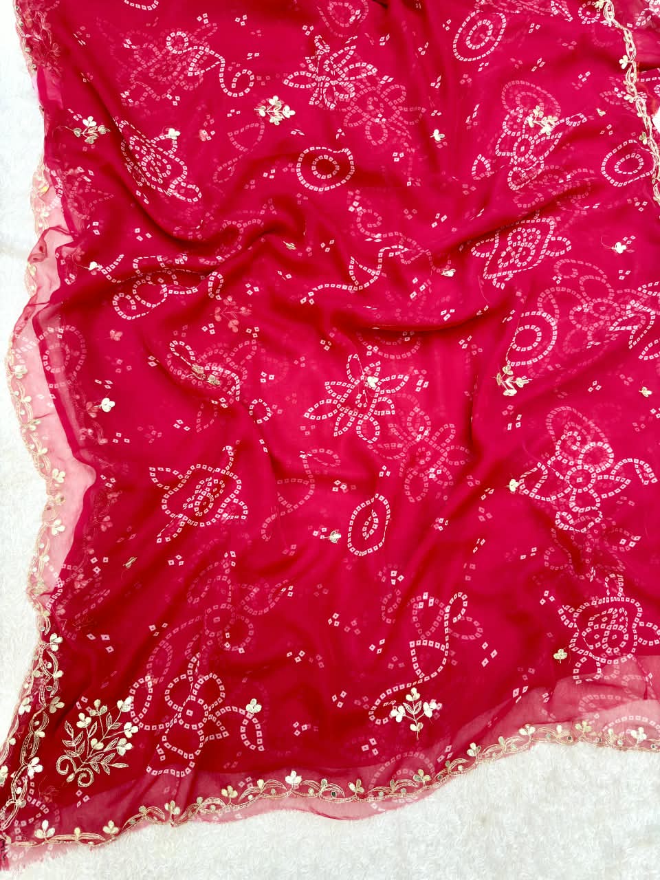 Beautiful Semi Chiffon Bandhani Saree With Handwork