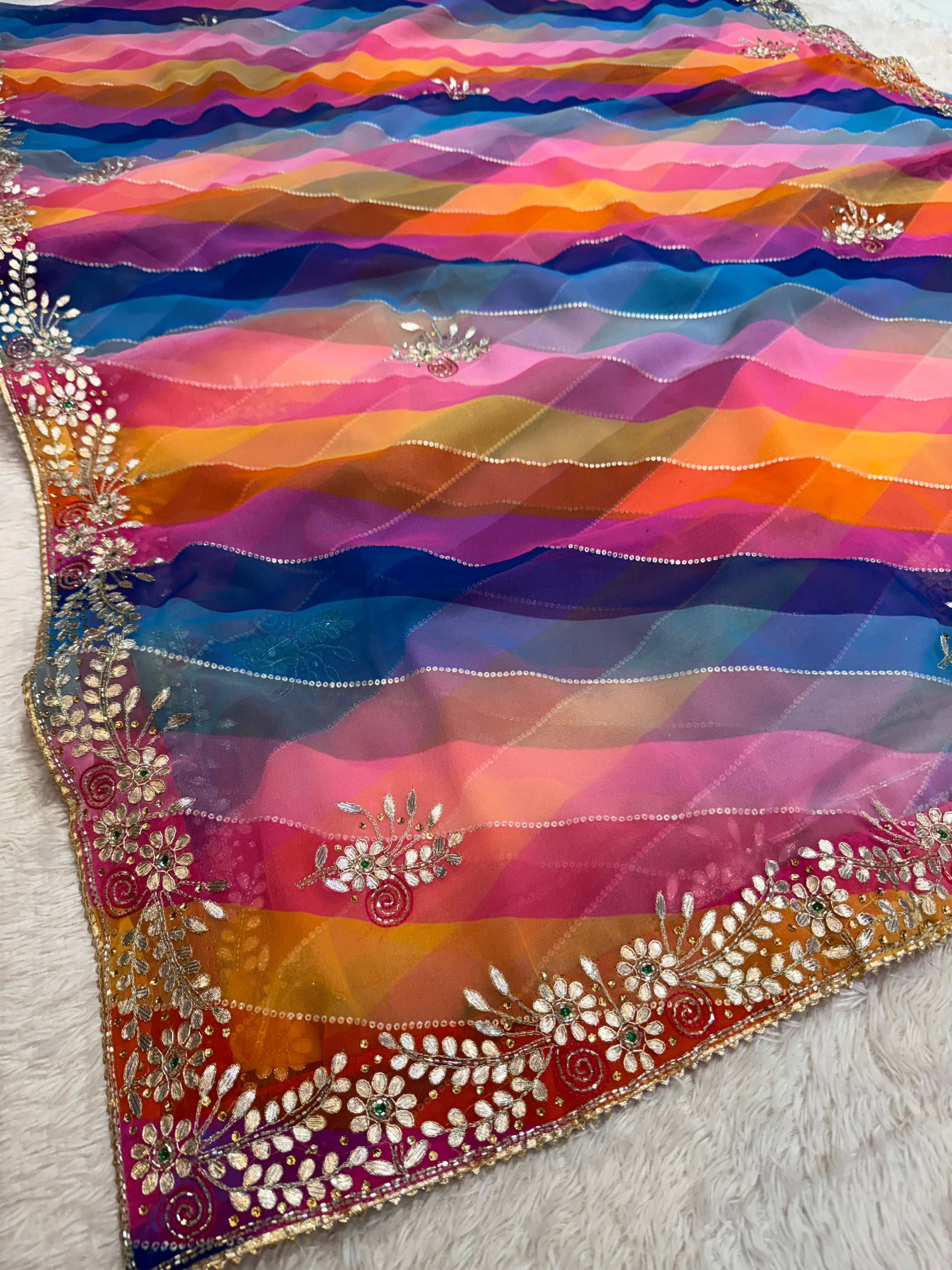 Designer Multi Leheriya Saree With Handwork
